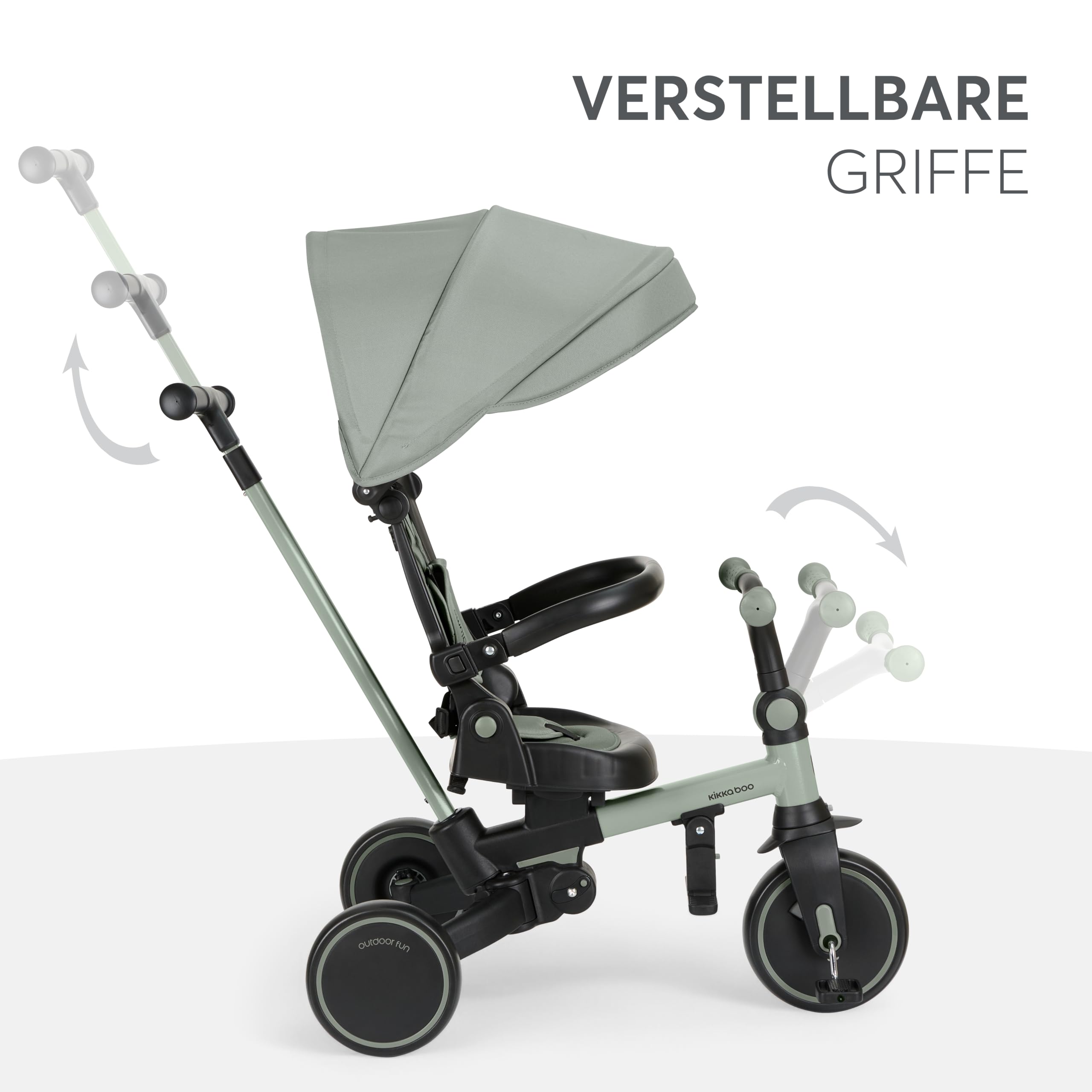 KikkaBoo Dreirad ab 1 Jahr mit Schubstange 8-in-1 ALUMA, Faltbares Kinderfahrzeug mit Drehbarem Sitz, 5-Punkt-Gurt, Aluminiumrahmen, Grün