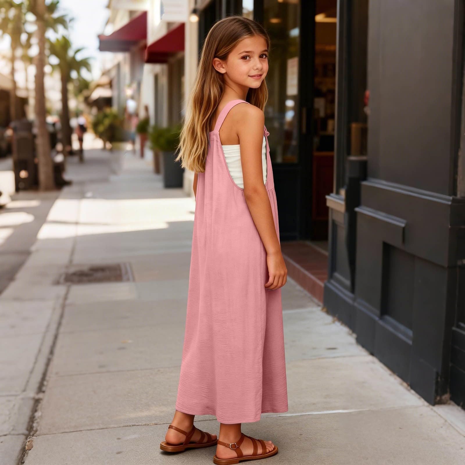 Mädchen-Overall, Sommer, ärmellos, lässig, Maxikleid, Kinder, Strand, Urlaub, Sommerkleid, weich, bequem, Schulkleid mit Taschen