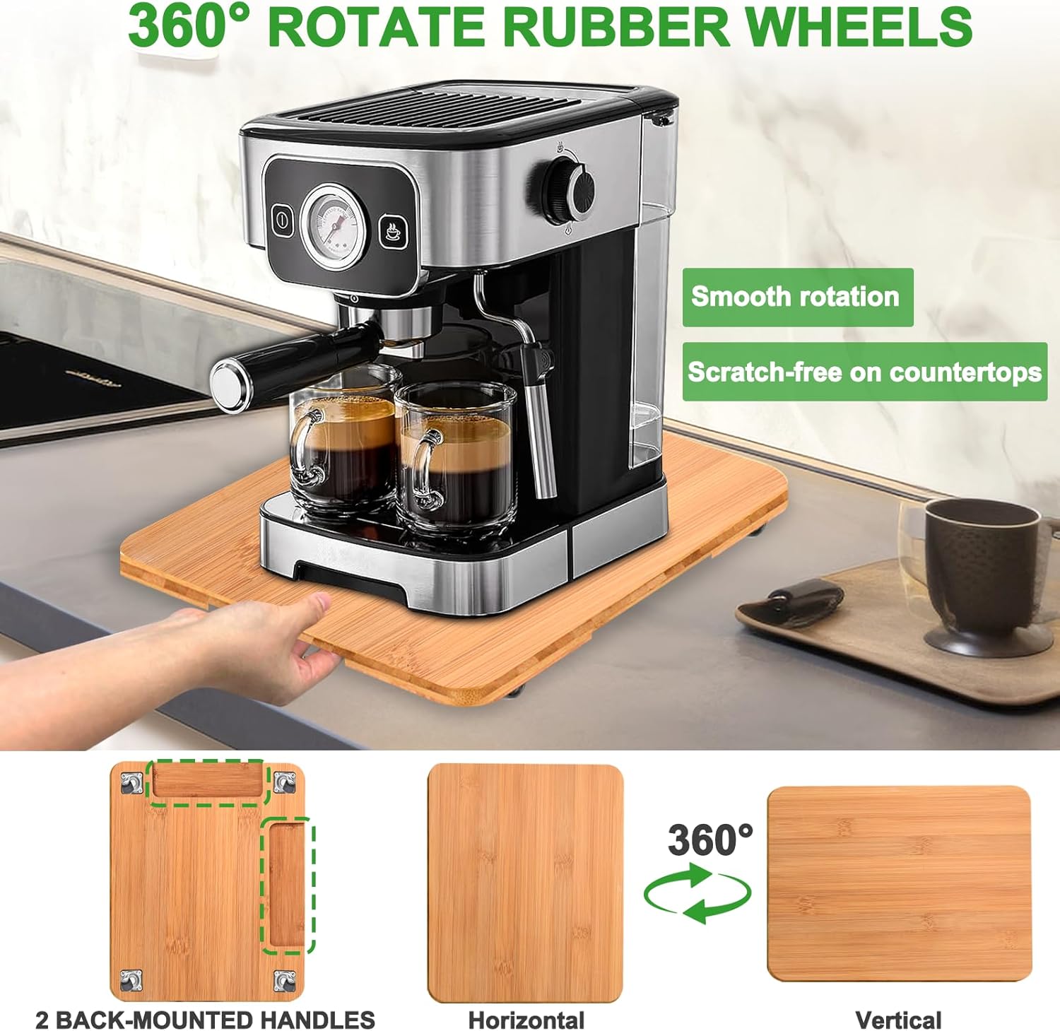 Bamboo Kitchen Appliance Sliders, Sliding Tray for Coffee Maker, Countertop Appliance Slider with 360° Rolling Wheels, Counter Slider Tray for Coffee Pot, Kitchen Aid Mixer (14" x 12")