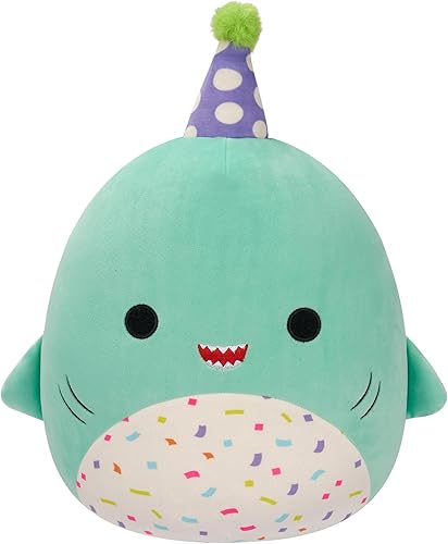 Squishmallows Sharon Teal Shark original de 12 pulgadas con sombrero de fiesta Confetti Belly - Peluche oficial de Jazwares