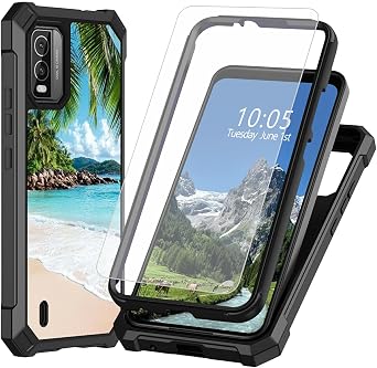 Case for Nokia C210 5.45" with Tempered Glass Screen Protector,Dual Layer Heavy Duty Shockproof Protective Cover for Nokia C210,Beautiful Beach Palm Trees
