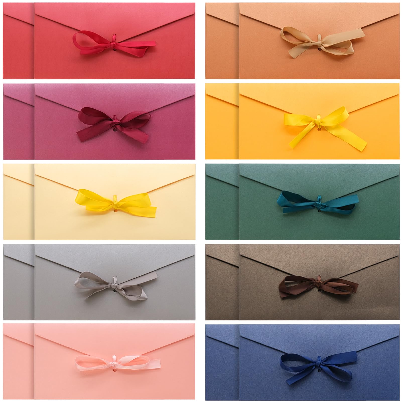20 Pcs Coloured Greeting Card Envelopes with Ribbon Bow, Vintage Gift Card Envelopes for Invitations Greeting Cards Postcards Gifts (8 x 4 in)
