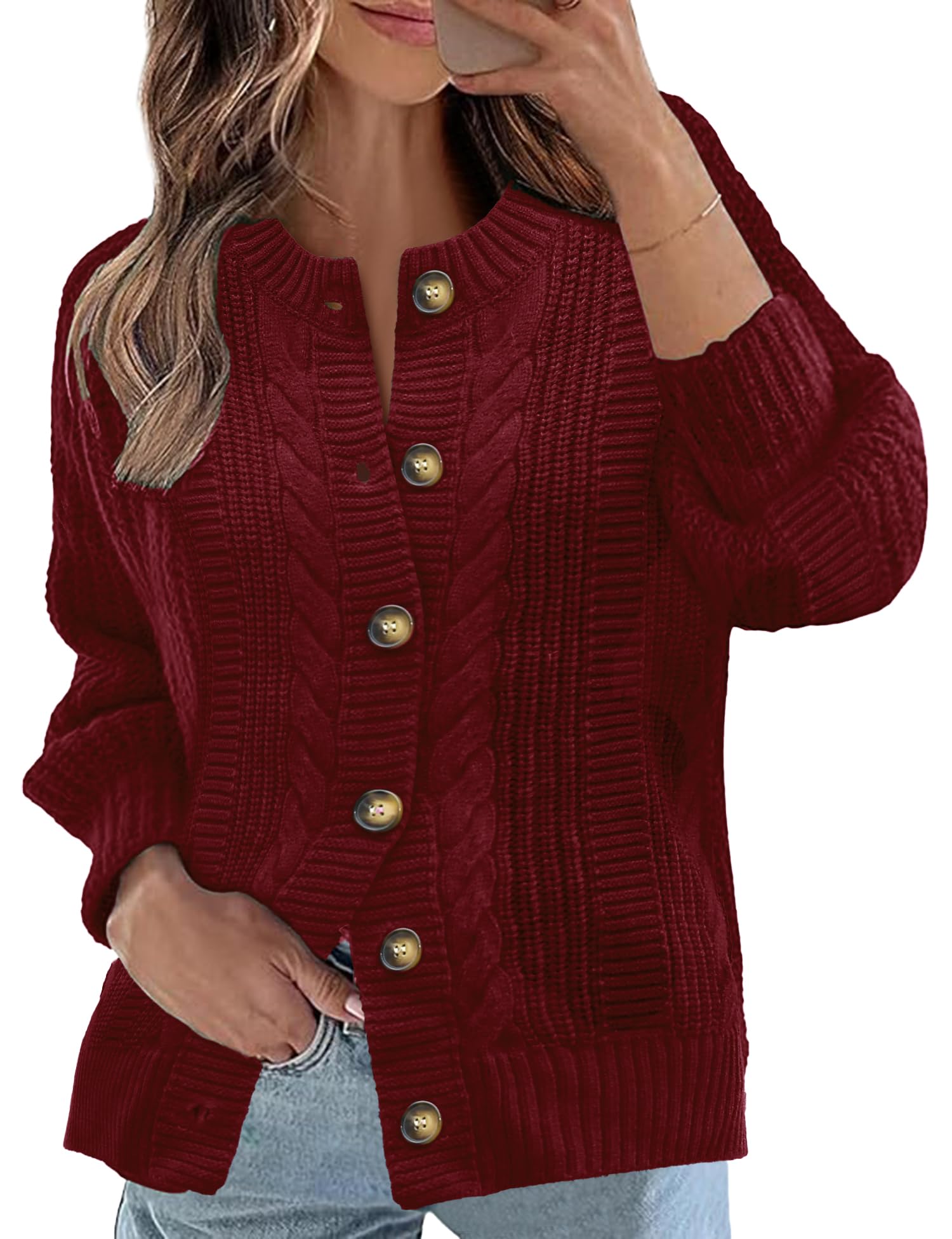 Women's Cardigans Cable Knit Long Sleeve Cardigan Loose Casual Button Down Open Front Outerwear Sweater for Winter Fall