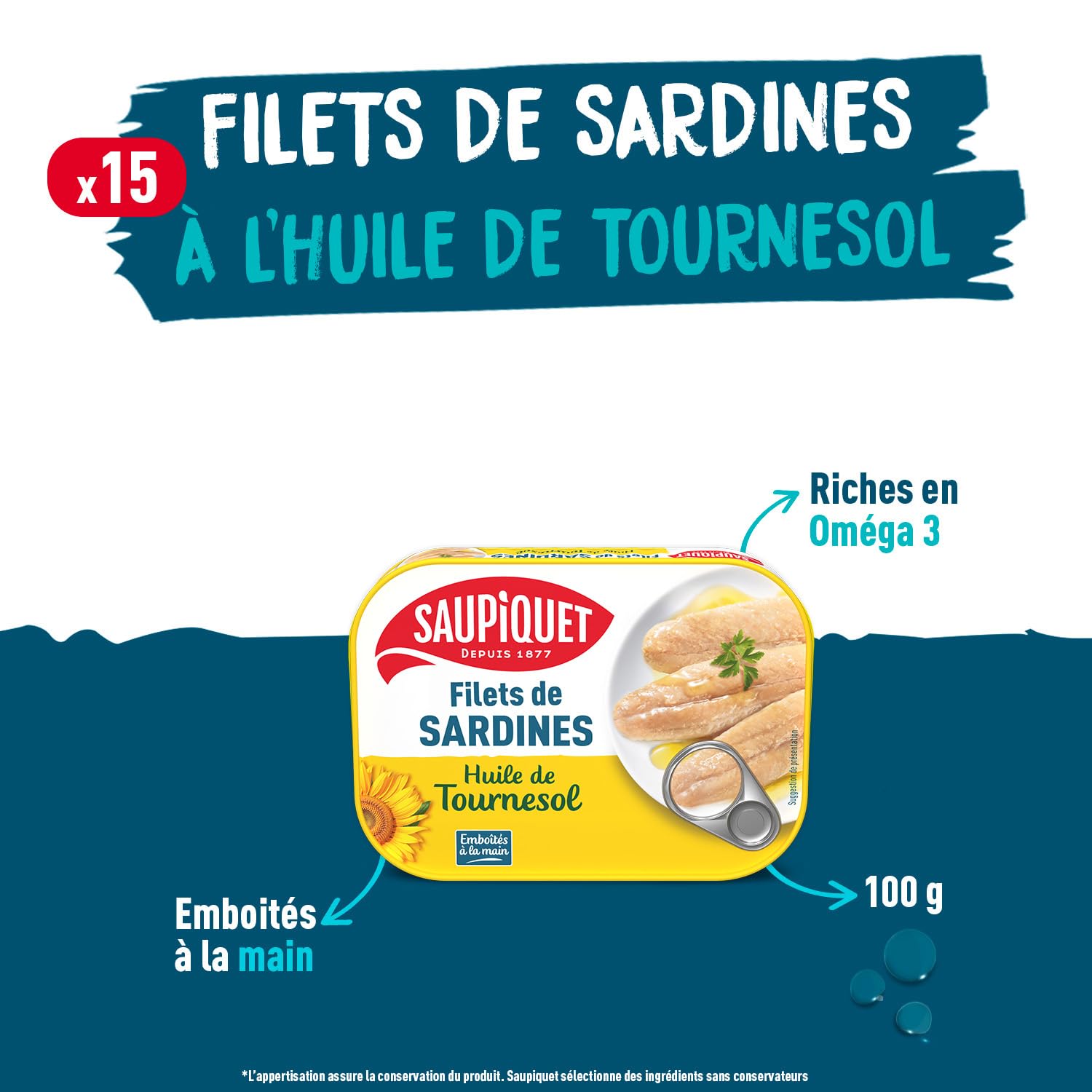 SAUPIQUET - Filets de Sardines à l'Huile de Tournesol - 15 Conserves