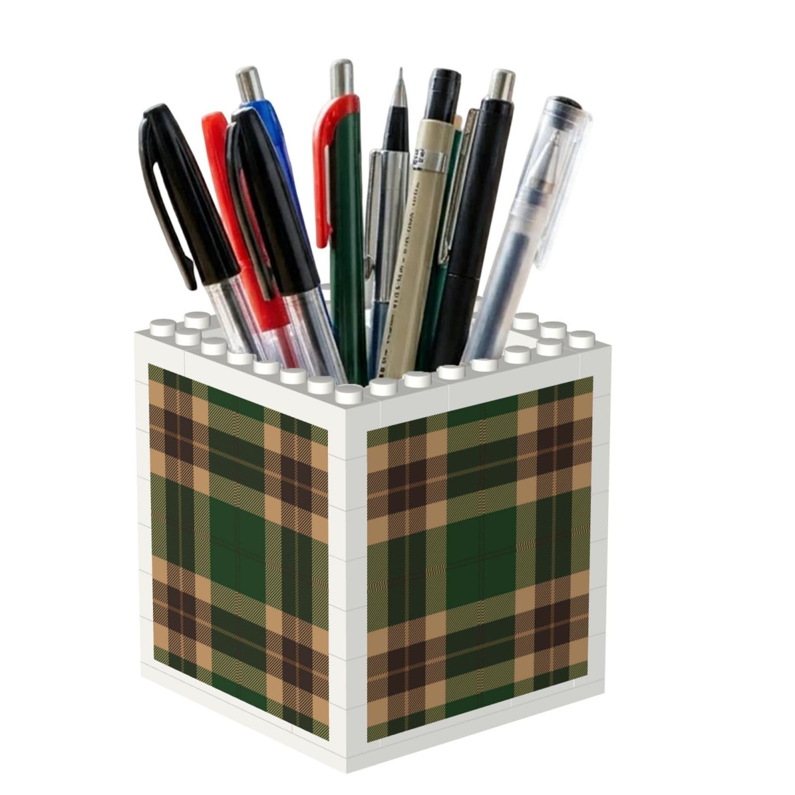 Poadnly Green And Brown Tartan Plaid, Pen Pot Pencil Holder for Office Home School, Compact Desk Organiser for Office Stationery