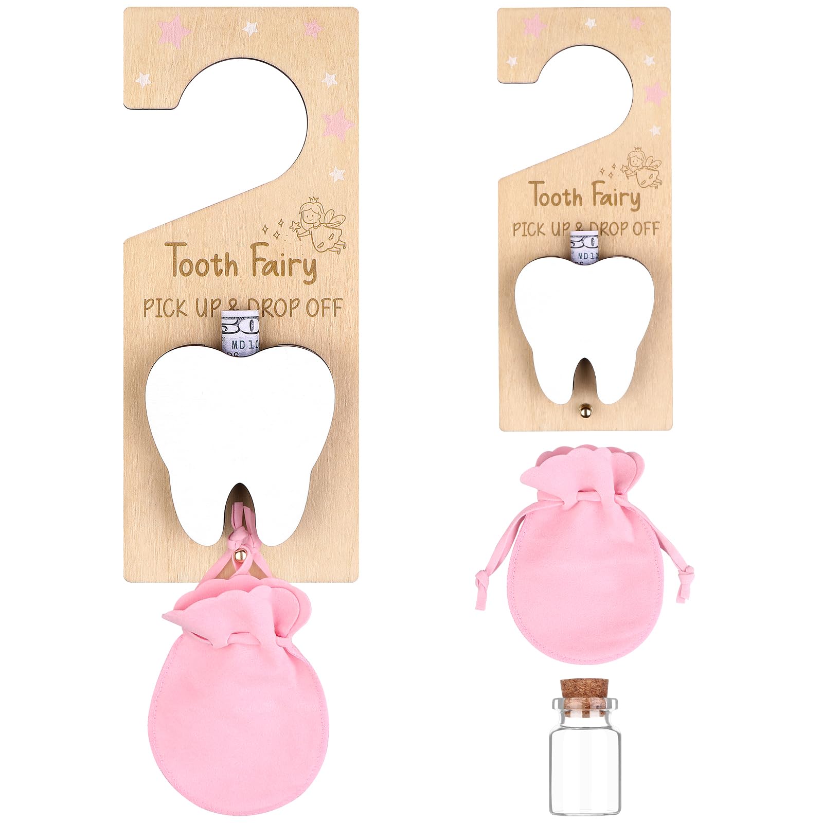 Aoesuny Tooth Fairy Door Hanger Tooth Holder Bag with Velvet Pouch Baby Teeth Keepsake Container Encourage Gift for Lost Milk Teeth