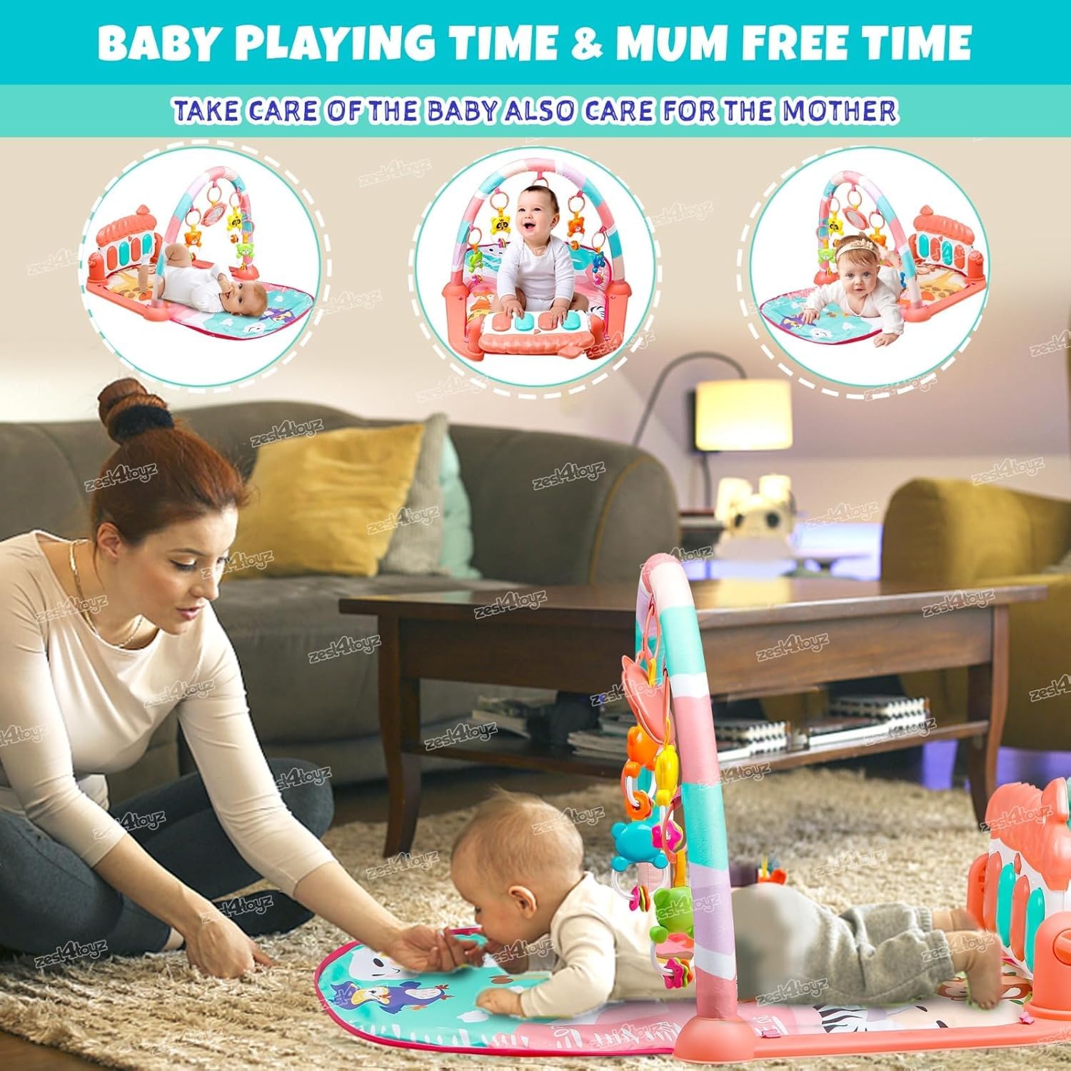 Zest 4 Toyz Musical Piano Baby Play Gym Mat Kids Activity Gym Mat with Music Lights Baby Crawling Mat for Newborn 0 to 3 6 9 12 Months (Pink) - Image 7 thumbnail