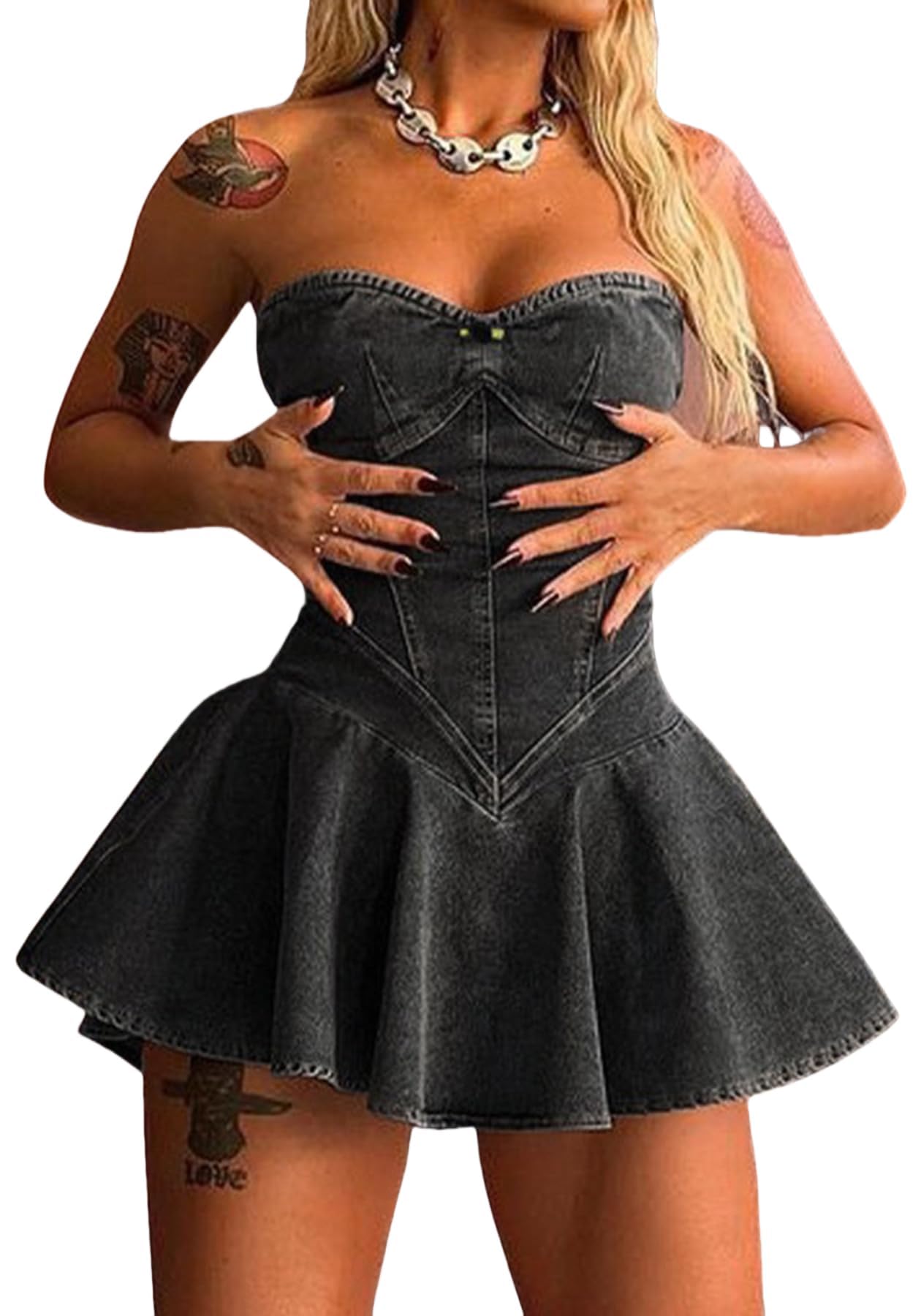 NRTHYE Women's Sexy Strapless Denim Dress Off Shoulder Corset Tube Summer Mini Jean Dresses