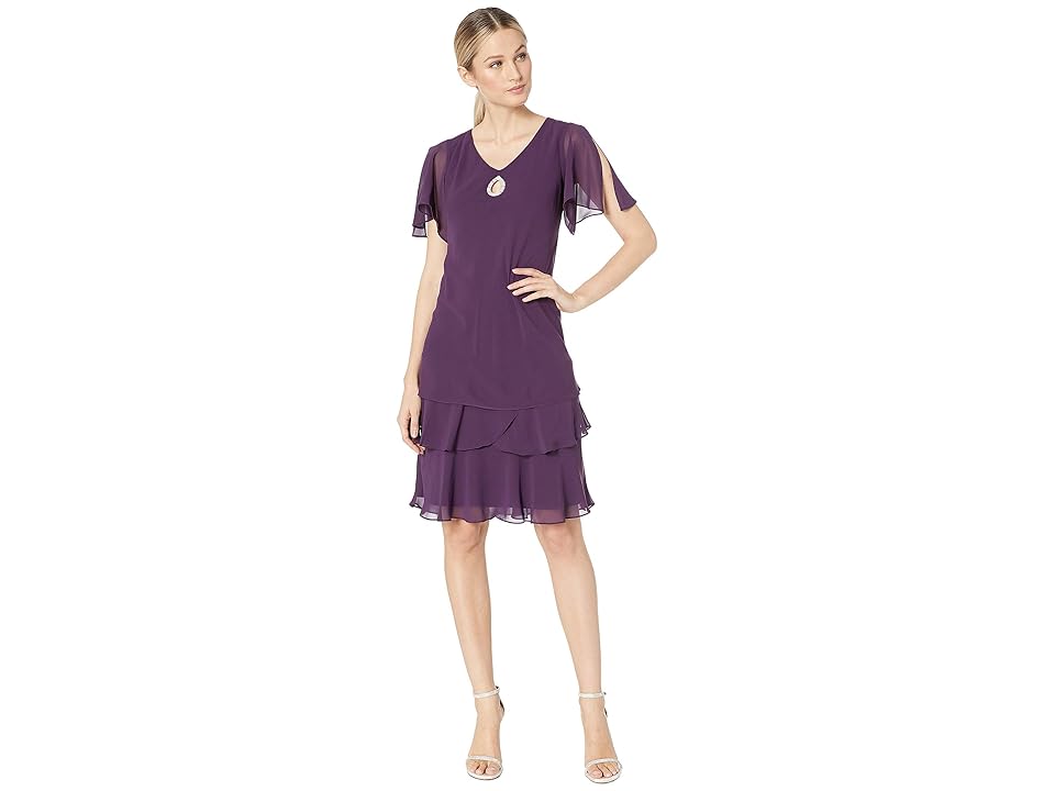 

MARINA Tiered Chiffon Flutter Sleeve Dress (Plum) Women's Dress, Purple