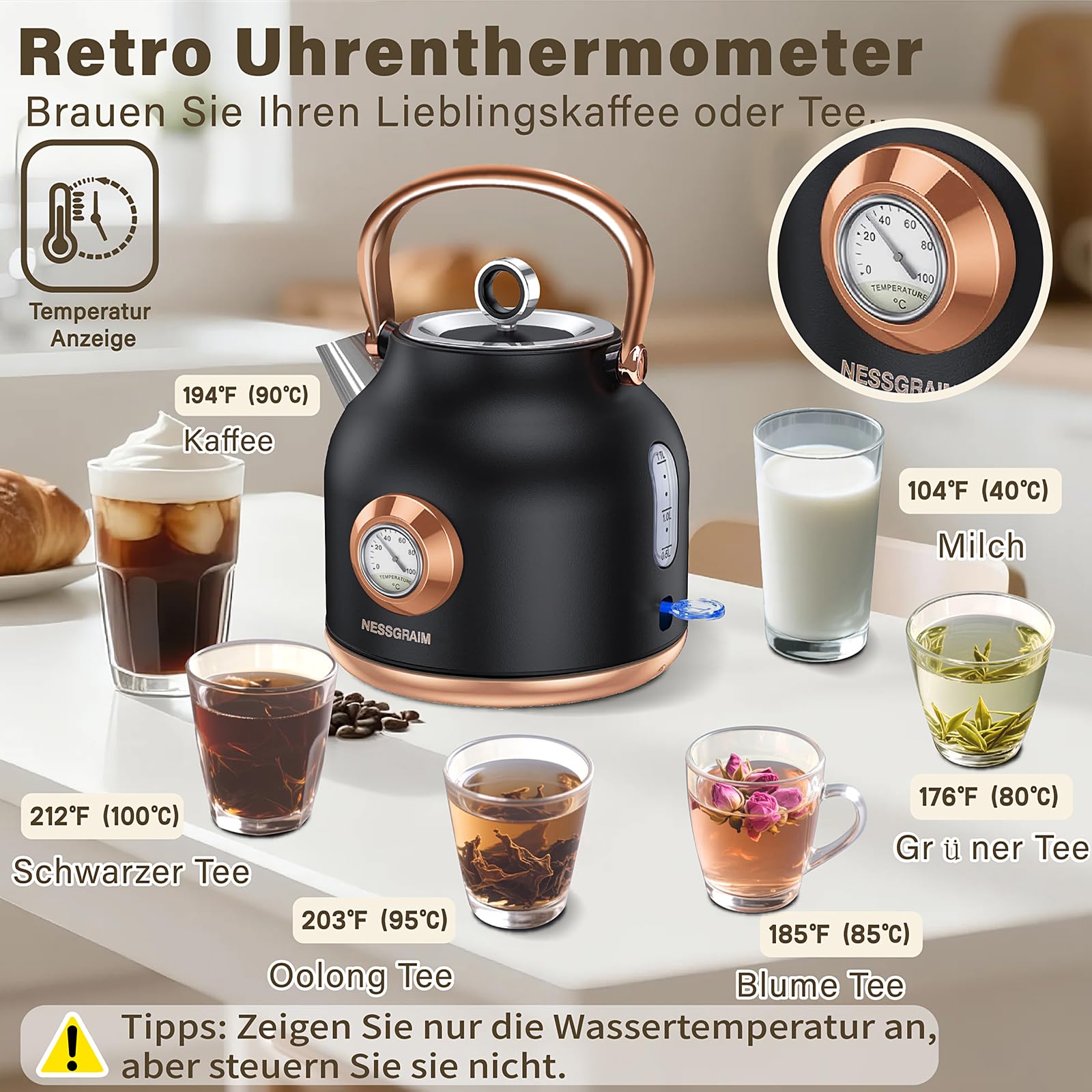 Retro-Wasserkocher, 1,7 l Edelstahl-Teekessel mit Großer Temperaturanzeige, 2200W Schnell Aufheizender Heißwasserboiler mit LED-Indikator (schwarz)