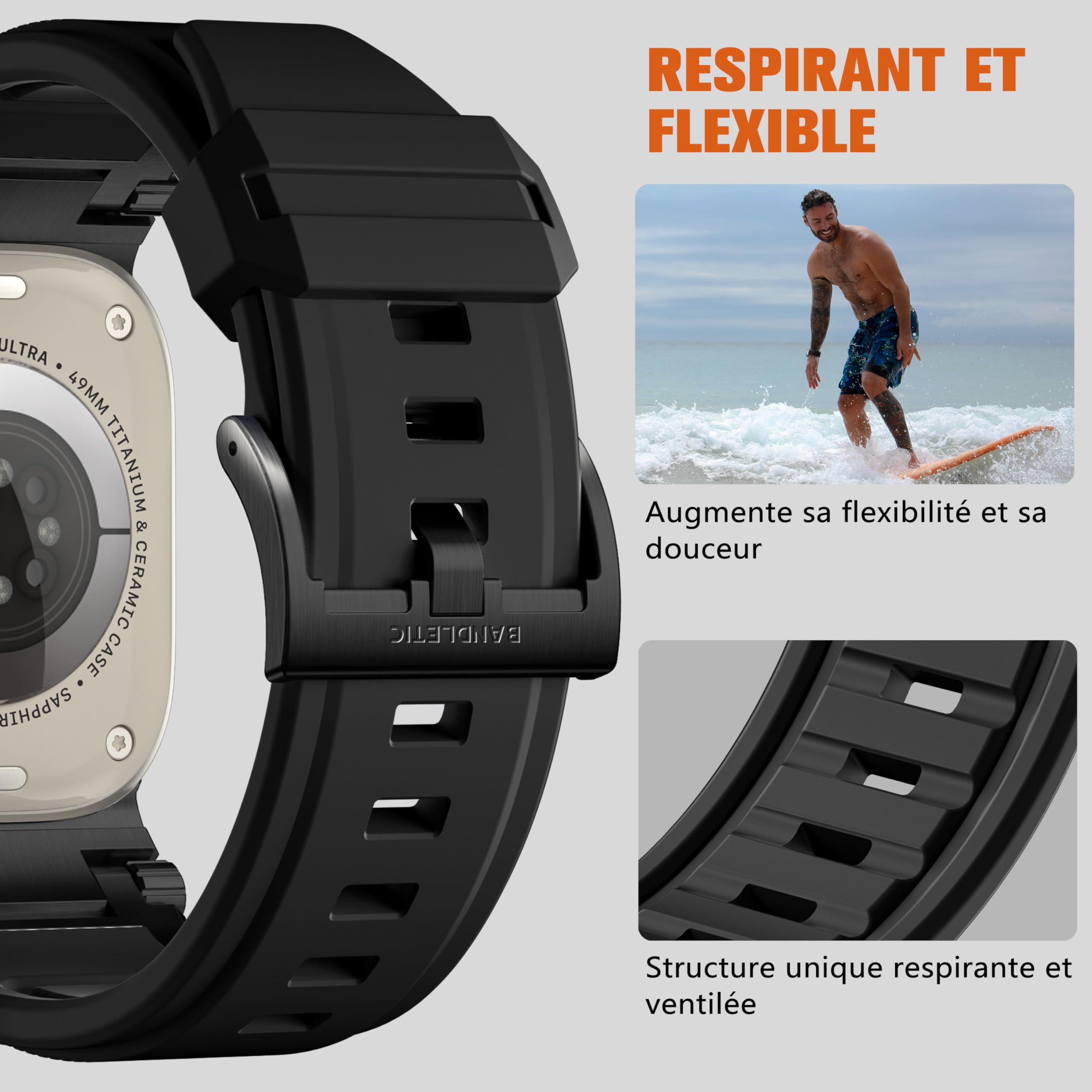 Bandletic Bracelet Compatible avec Apple Watch 49mm 46mm 45mm 44mm 42mm | Band rechange Robuste FKM avec élégant connecteur Métallique pour iWatch Ultra 3/2/1 Series 11 10 9 8 7 SE 6 5 4 3 2 1, Noir