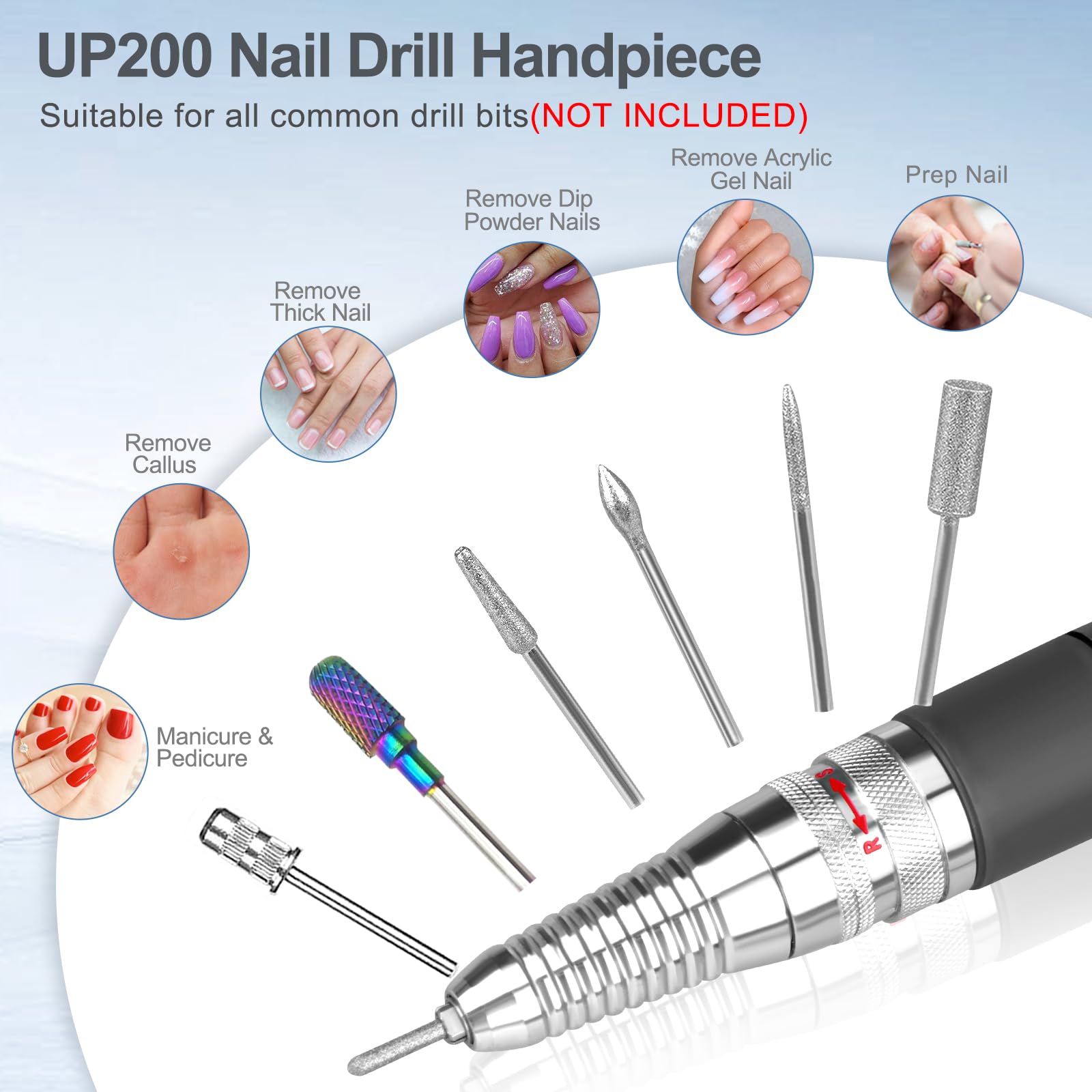Taladro de uñas para máquina UP200, mango eléctrico profesional de 35000 rpm, 3 pines, bajo ruido y cómodo (brocas no incluidas)