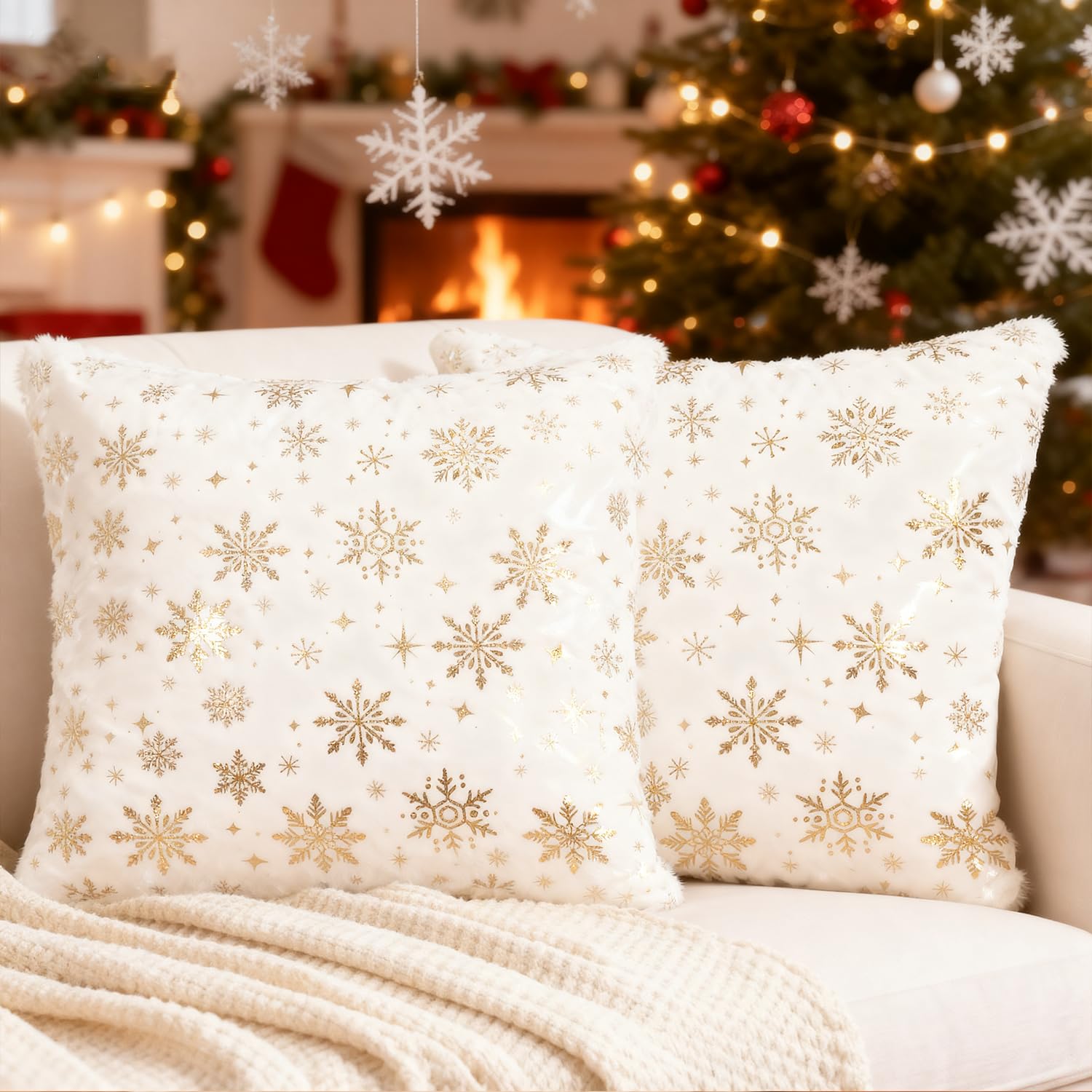 Miaikoe Christmas Cushion Covers 40x40 cm, Decorative Glitter Printed Snowflakes Pillow Covers Cushion Case Set of 2 for Holiday Christmas Decor Sofa White