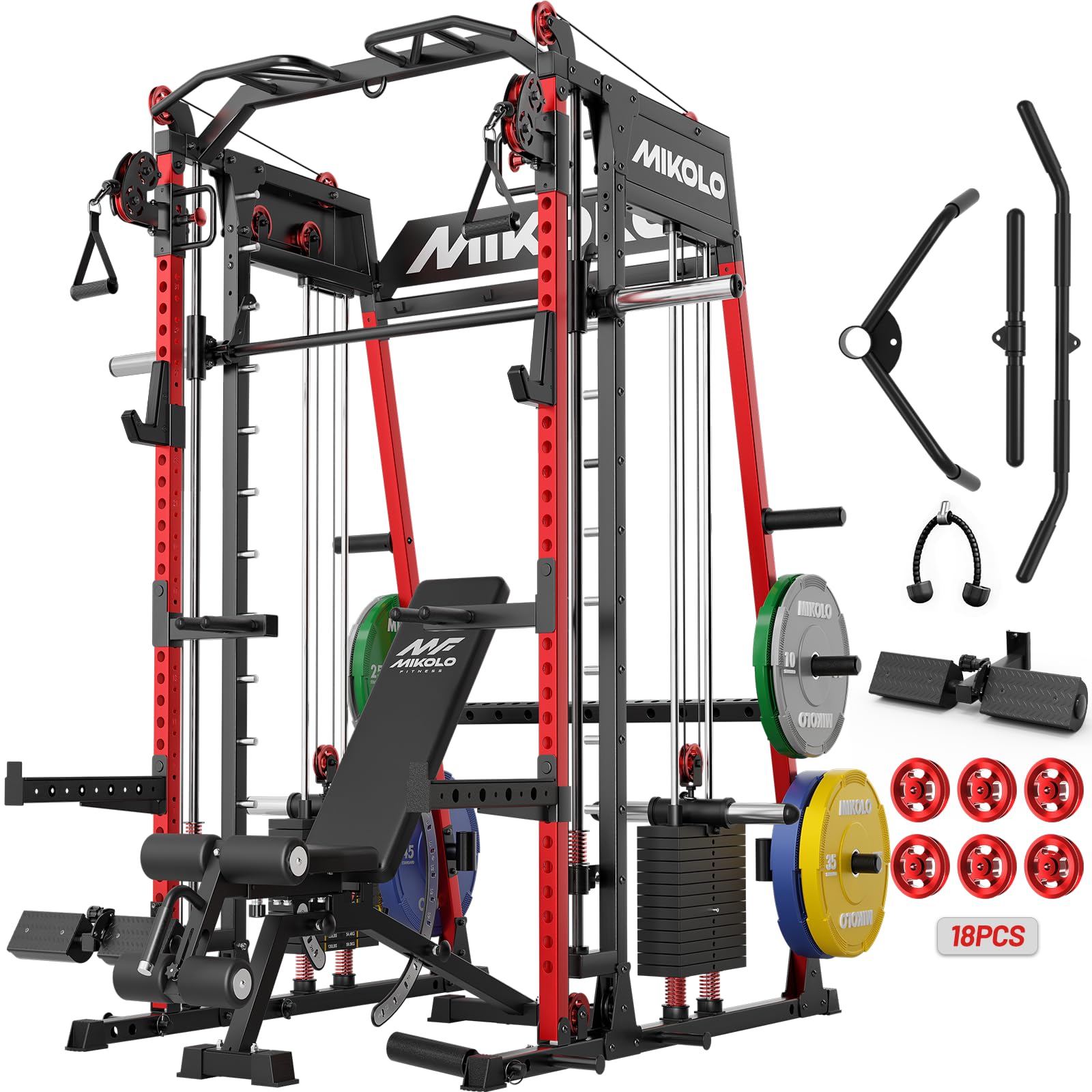 Mikolo M4 2.0 Smith Machine, 2200lbs Squat Rack with LAT-Pull Down System &amp; Cable Crossover Machine, Training Equipment with Leg Hold-Down Attachment