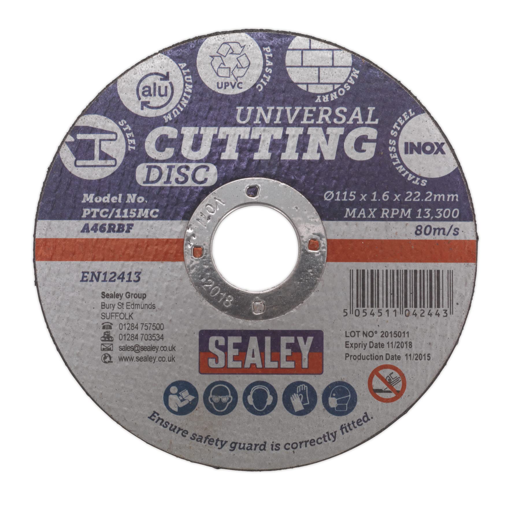 1x Sealey 115 x 1.6mm Diam 22.2mm Bore Multipurpose Cutting Disc - PTC/115MC