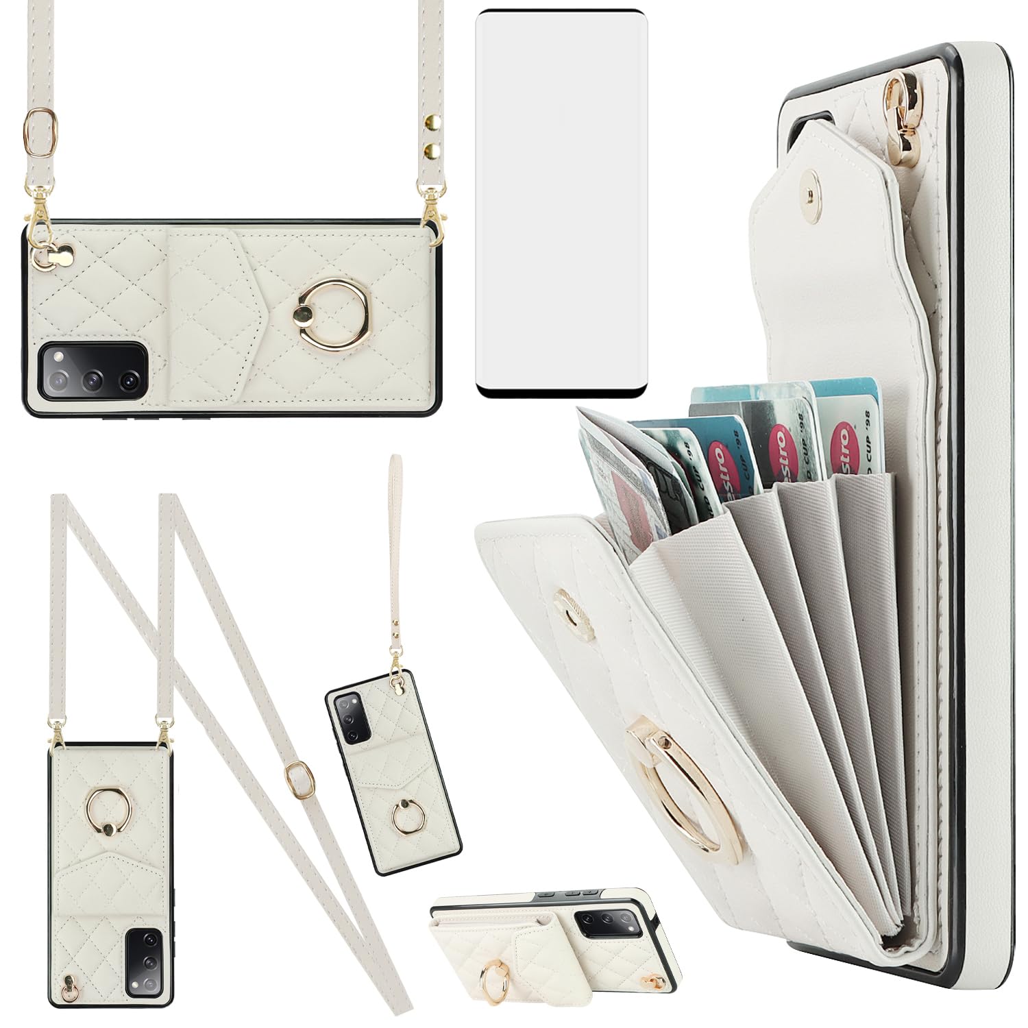 Asuwish Handyhülle für Samsung Galaxy S20 FE 5G 6,5 Zoll Wallet Cover mit Displayschutzfolie und Ring RFID Blocking Card Holder Cell S 20 EF UW S20FE5G S20FE 20S S2O Fan Edition 4G G5 Women Off White