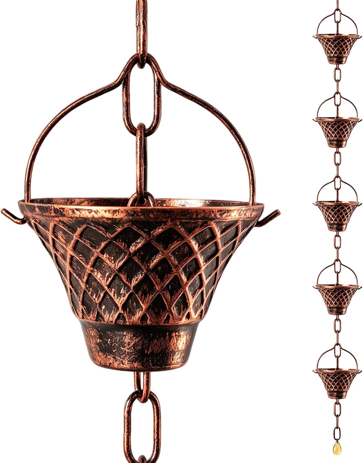 8.5FT Copper Rain Chain for Gutters - 12 Decorative Cups Rain Catcher, Rust-Proof Downspout Replacement with Wind Chime Sound for Outdoor Home Decor (Blue)