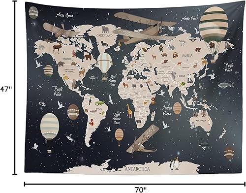 Miniatura 33 de BELECO Tapiz de mapa del mundo infantil para colgar en la pared, diseño de animales de dibujos animados, para dormitorio, sala de estar, dormitorio