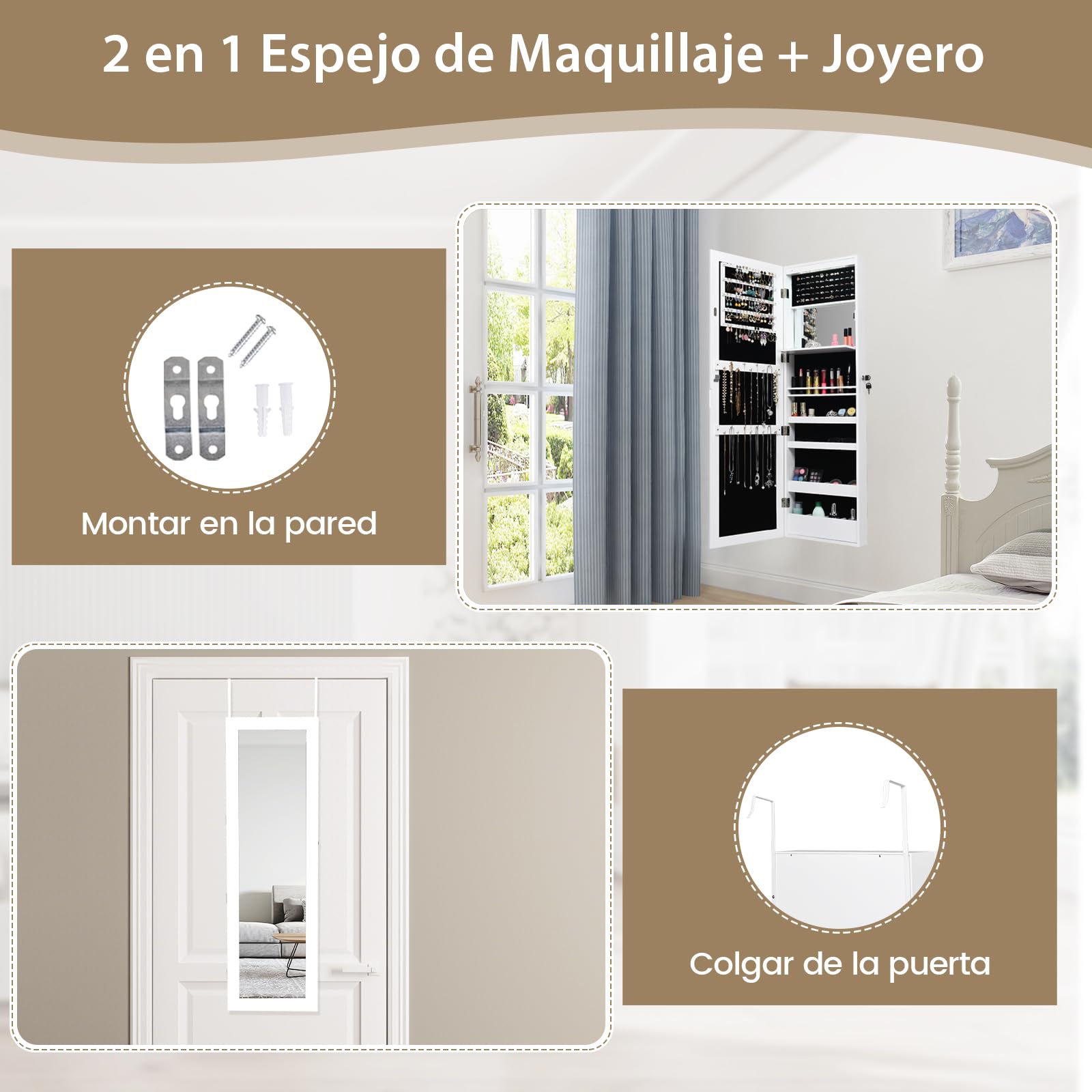 COSTWAY Armario Joyero con Espejo LED 120 cm, Organizador con Cerradura, Estantes Forrados y Ganchos, Blanco