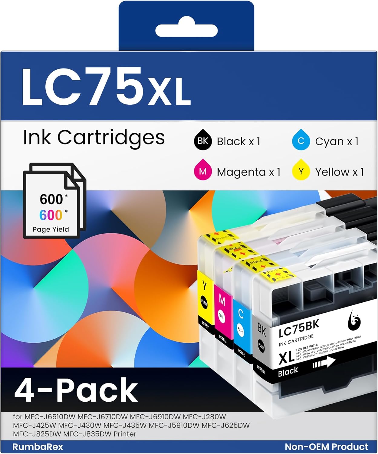 LC75 Ink Cartridges Set High-Yield LC75XL LC75BK LC75C LC75M LC75Y Replacement for Brother LC75 LC71 LC79 XL Ink for MFC-J6510DW MFC-J6710DW MFC-J6910DW MFC-J280W MFC-J425W Printer Ink 4-Pack