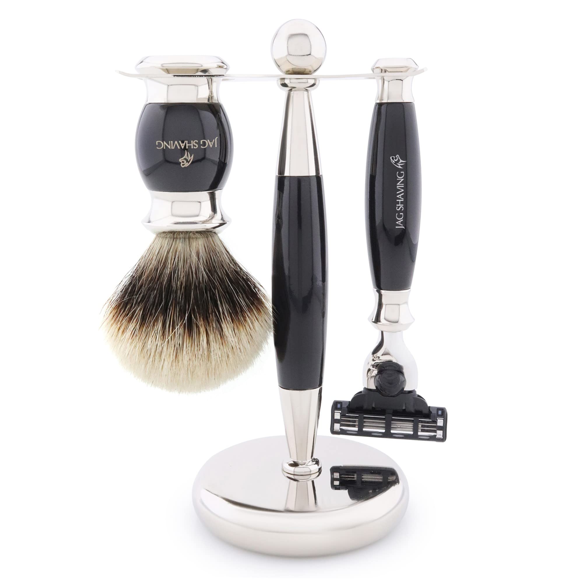 Jag Shaving Rasierset - 4-teiliges Rasierset - JAG's LEE Range - Silberspitz Dachshaar Rasierpinsel - 3 Kante Rasierklingen Rasierhobel - Rasierschale - Rasierständer - Schwarz Geschenkset