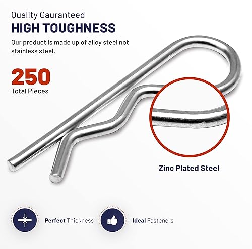 Miniatura 3 de Pasadores de chaveta de 250 piezas, acero de aleación resistente y duradero, kit surtido de pasadores de chaveta en forma de R en 6 tamaños