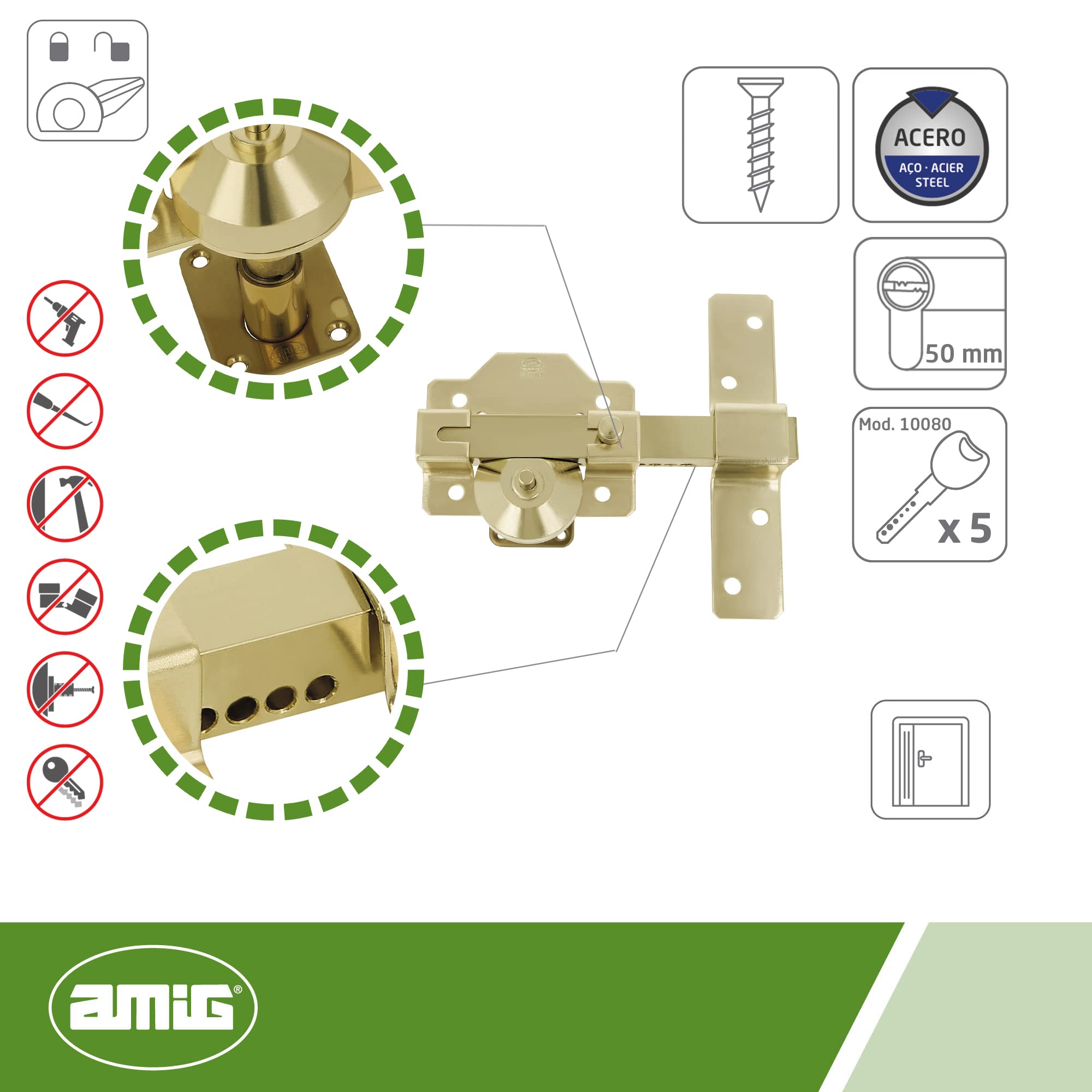 Amig - Serratura e cilindro multipunto | Sicurezza per porte in ferro | Scrocco elettrico per porta | Oro, 62 (31-31), Metallo