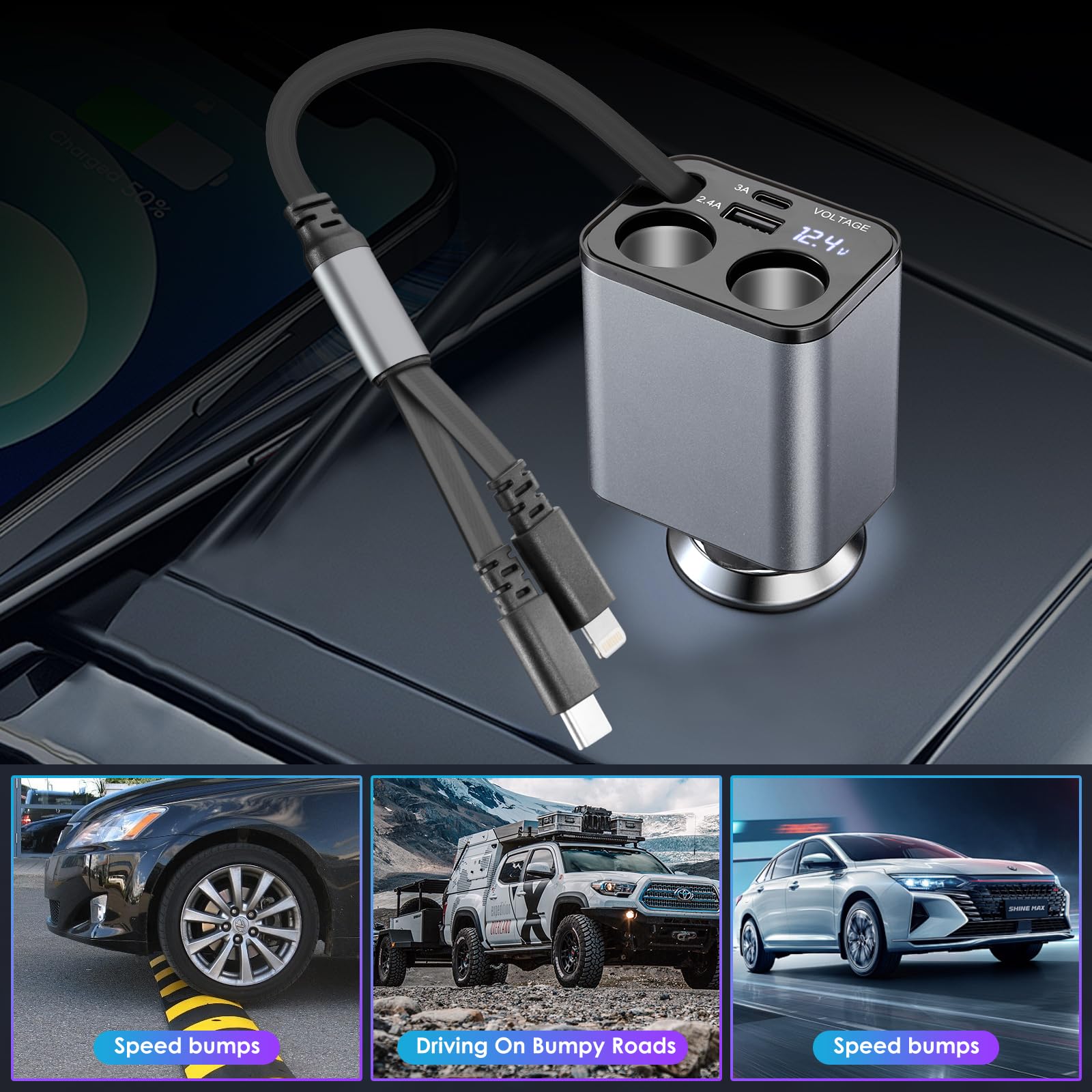 MQOUNY Retractable Car Charger,6 in 1 Fast Car Phone Charger 159W,USB C and 2 Cigarette Lighter Adapter,Retractable Cables Compatible with iPhone 15/15 Pro Max/14/13/12/11, Galaxy, Pixel