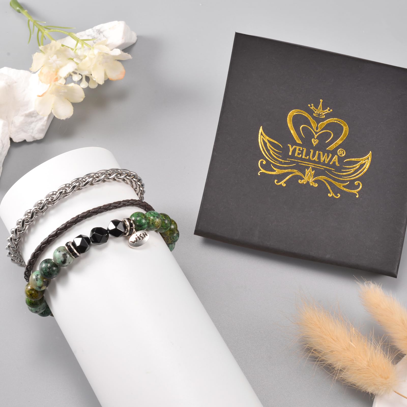 YELUWA 3 PCS Bracciali Di Pietra Bianco Turchese Africana per Uomo Con 3 Bracciale Di Ossidiana Nera in Titanio E Corda Vintage Intrecciata Mano Regali Compleanno per Ragazzi Fidanzati Moda Bracciale