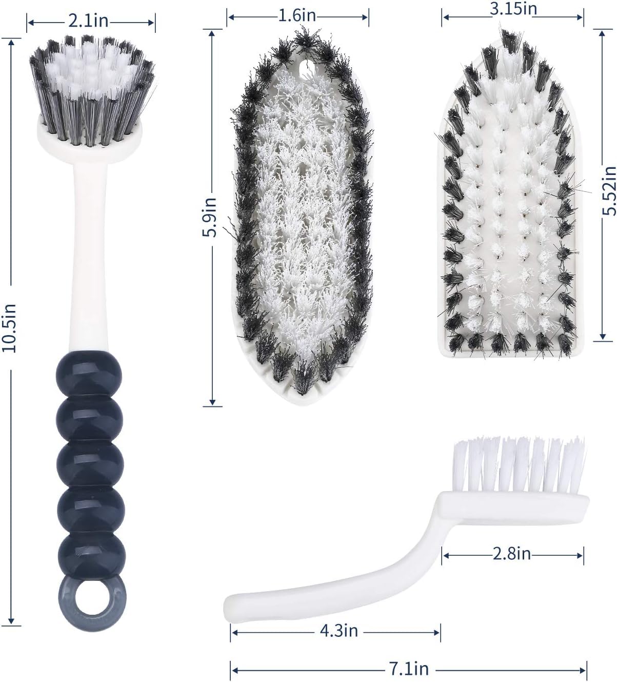 Set di 4 spazzole per la pulizia, per cucina, bagno, piastrelle, scarpe e padelle con impugnatura ergonomica e setole resistenti, colore bianco