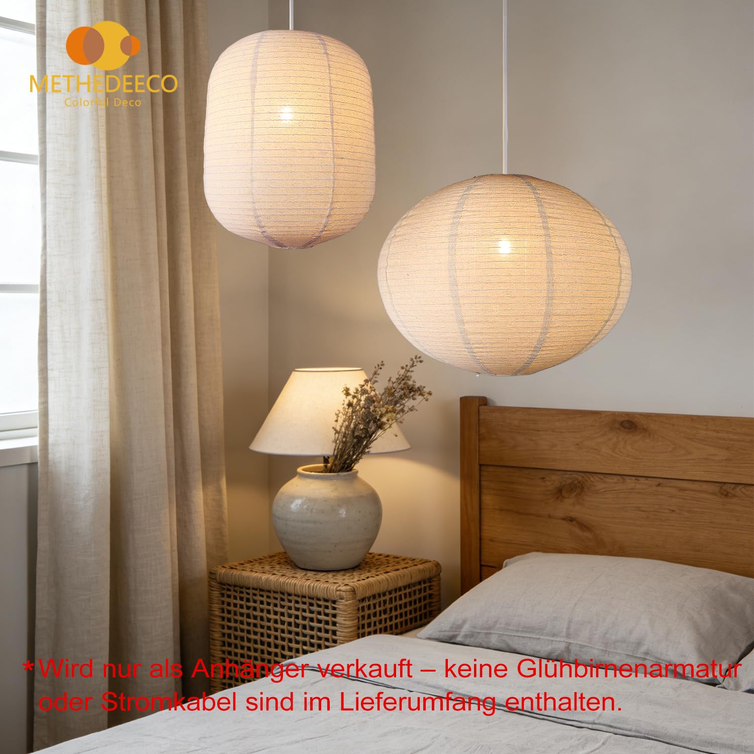 METHEDEECO 2er Set Pendelleuchtenschirm 50 x 39 cm, ovaler Lampenschirm für Hängelampe in Leinenoptik, großer Lampenschirm beige natur, nur Schirm für Wohnzimmer Schlafzimmer Esszimmer