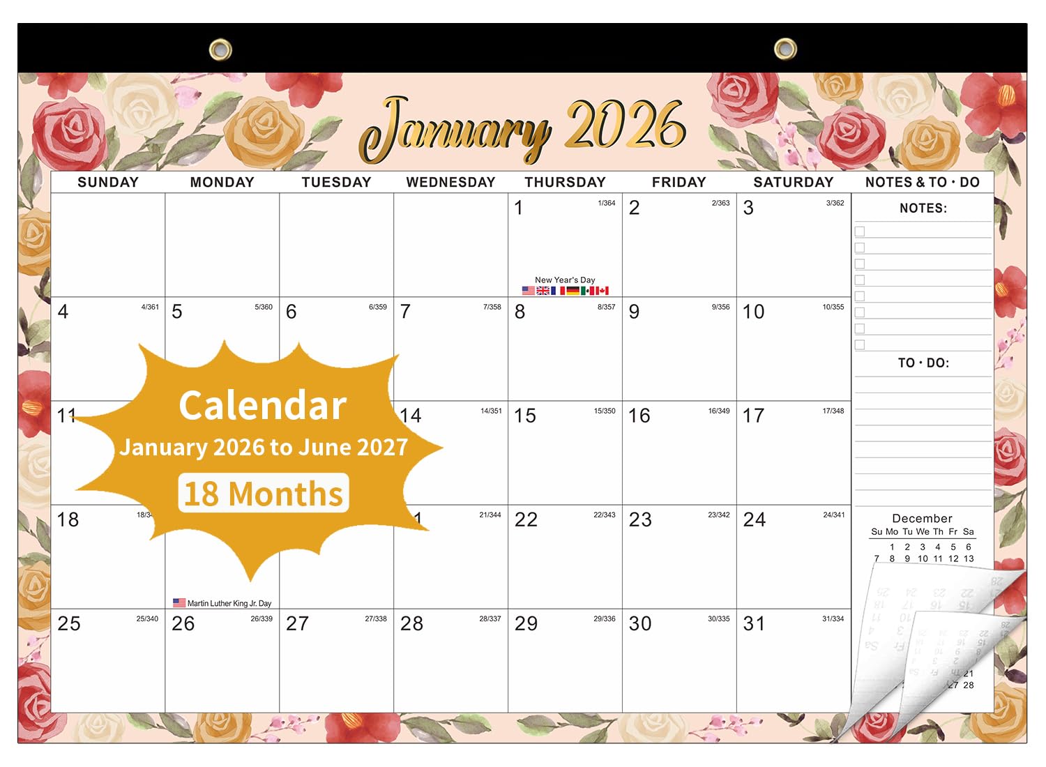 Yoawllty 2026 Wall Calendar, 18 Months Calendar Planner from January 2026 to June 2027, 12 x 17 Inches (colorful)