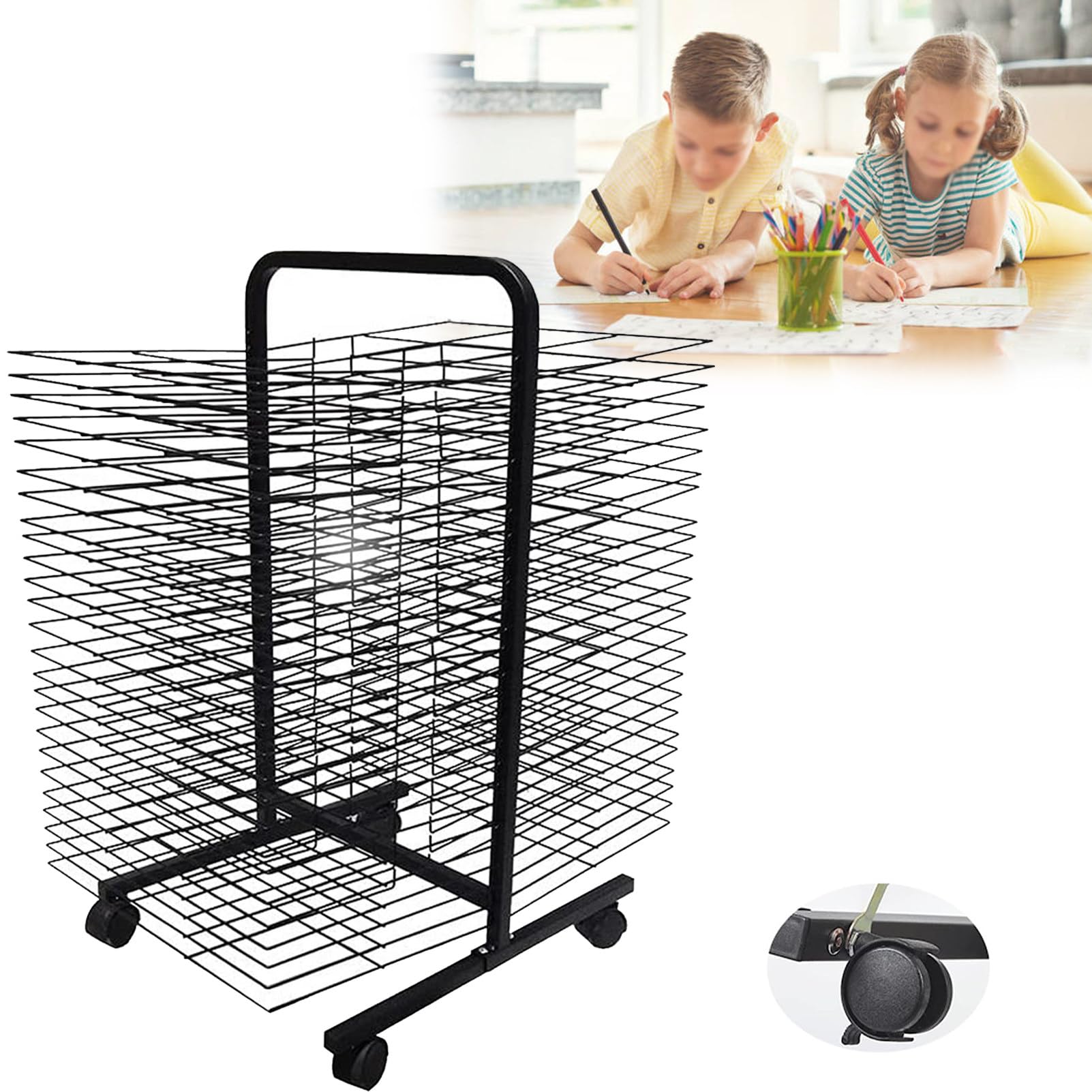 Aioneer Art Drying Rack for Classroom Functional & Mobile Paint Drying Rack Removable Shelves, Painting Drying Rack with Wheels Stack Rack,50Shelves