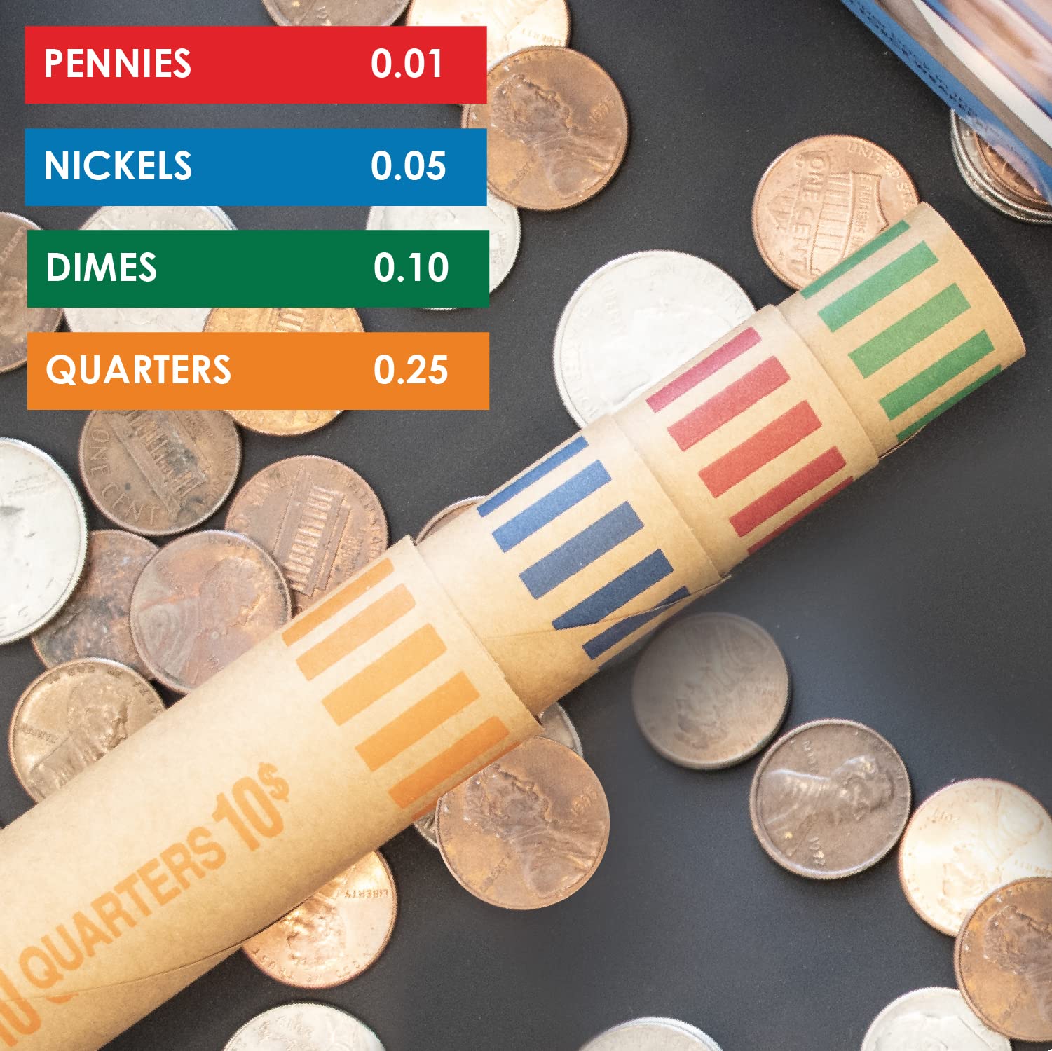 Nadex Münzrollenwickler, vorgeformt, gekräuseltes Ende, je 64 Stück, Nickel, Dimes, Pennies und Viertel, 256 Stück