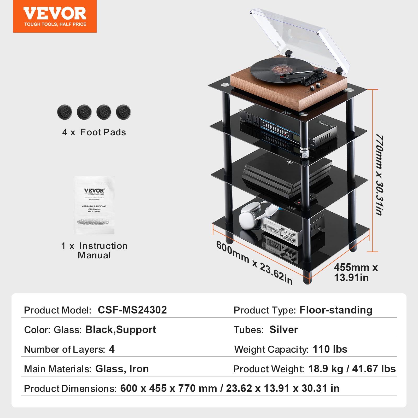 VEVOR Scaffale Portaoggetti Multimediale per Dischi Vinile Giradischi Vinile, Supporto Multimediale Audio-video 4 Ripiani in Vetro Temperato per Attrezzatura di Videogiochi, Mobiletto Portaoggetti