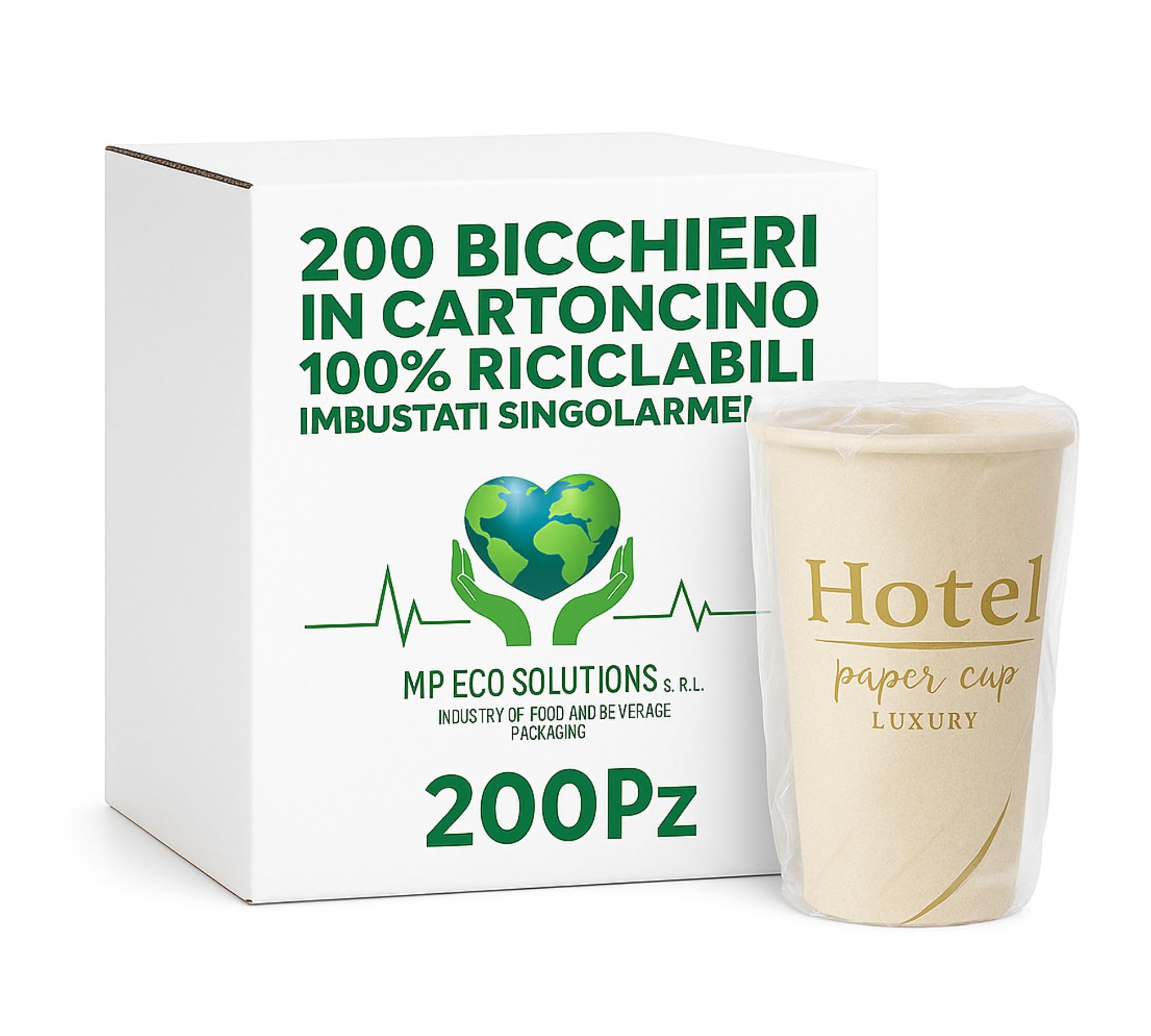 Generico Bicchieri in Carta Imbustati Singolarmente 200 ml – Fantasia Hotel – Confezione da 200 Pezzi – Monouso, Igienici e Riciclabili – MP Eco Solutions