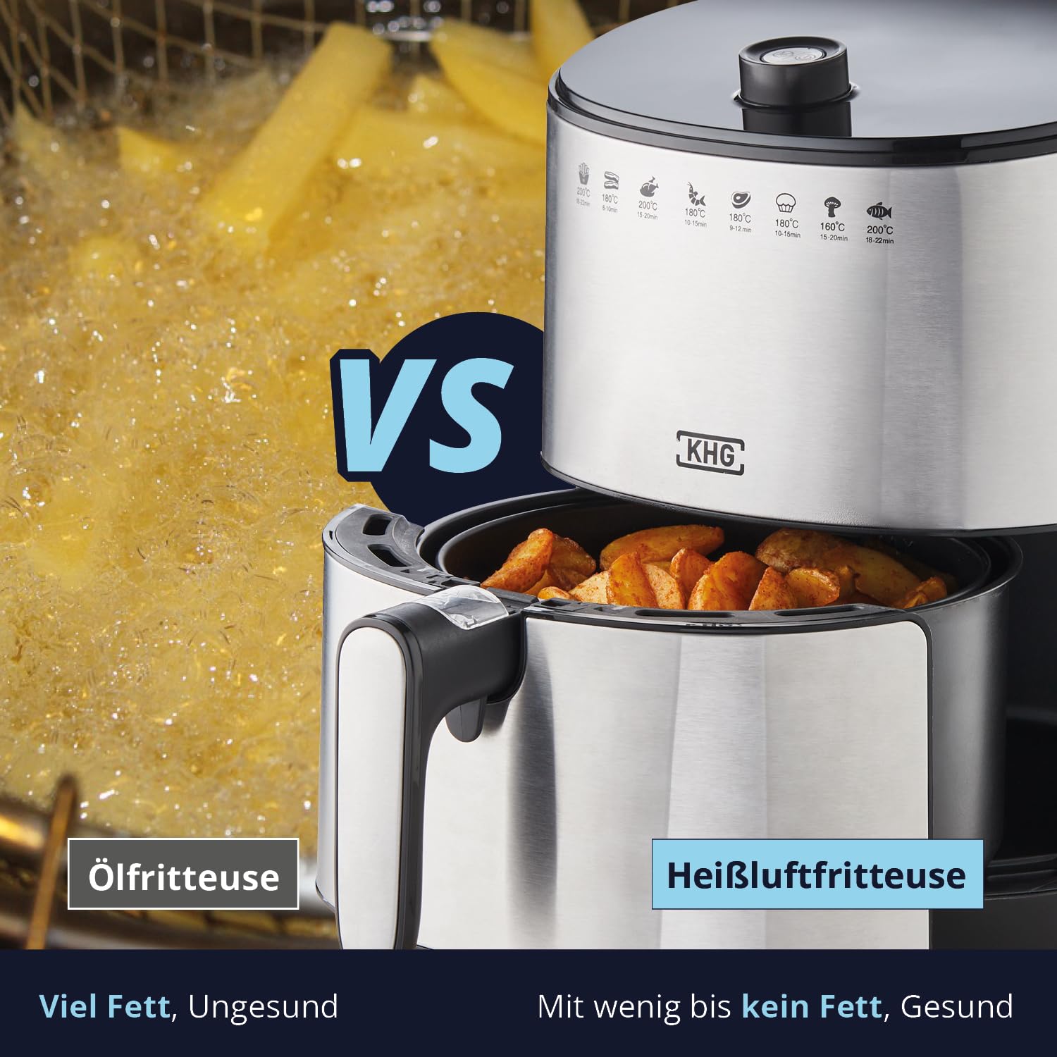 KHG Heißluft-Fritteuse Airfryer HLF-3200 silber 3,2 Liter herausnehmbarer Frittierkorb 1500 Watt Timer LED Anzeige