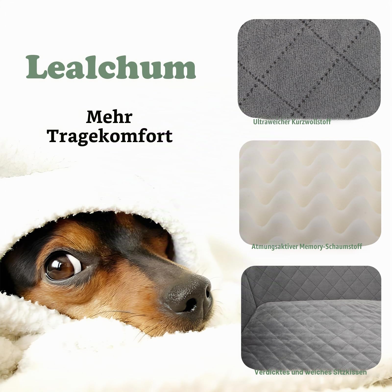 Lealchum Hundeautositz für große Hunde, weicher Stoff Auto Hundebett Füllung Memory Foam, Autositz für Hunde mit 2 Clip-On Hundeleinen, Abnehmbarer und waschbarer Haustier Autositz (Grey,Large)