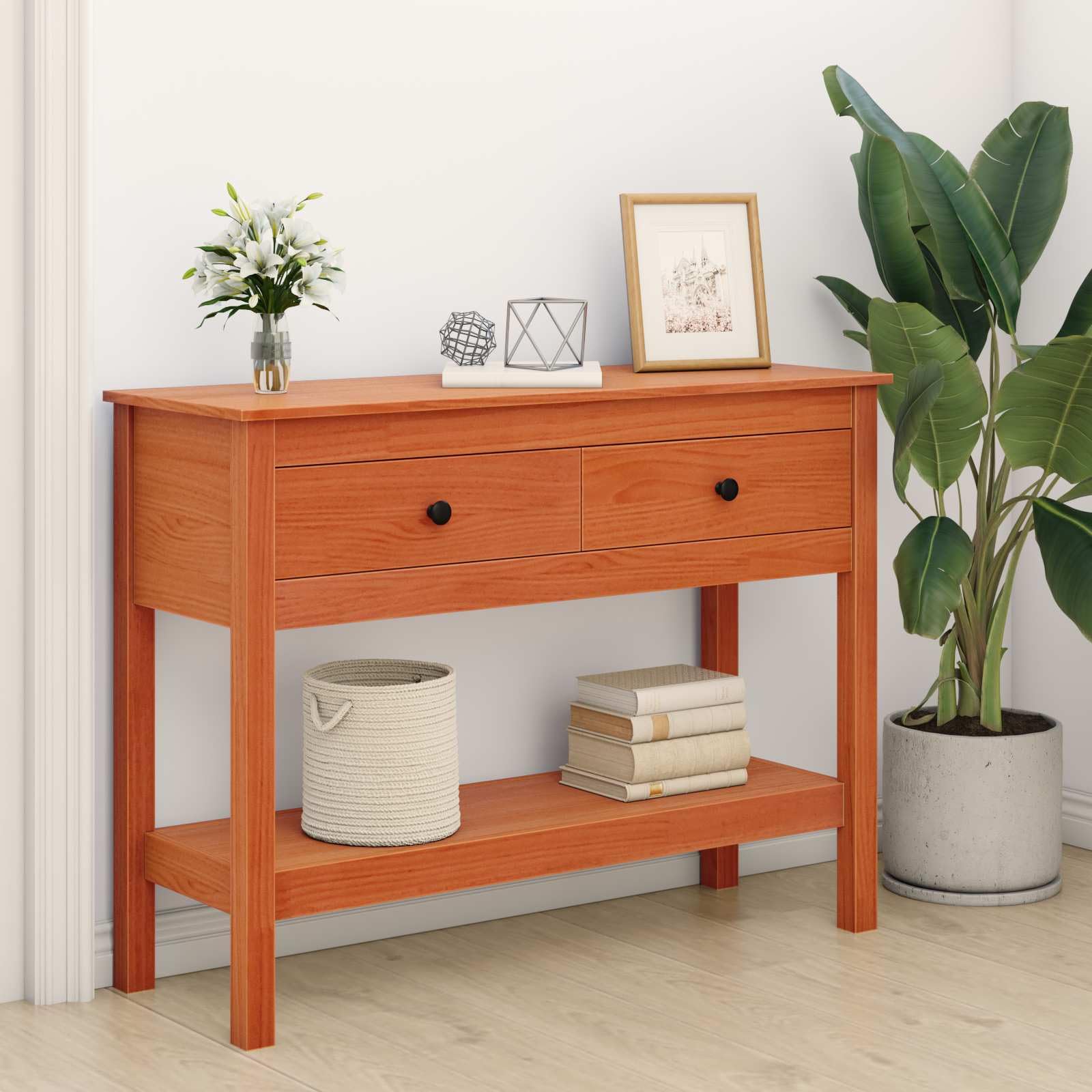 Mesa consola marrón cera madera de pino maciza, 100 x 35 x 75 cm, con espacio de almacenamiento, cajón, estantería para salón, dormitorio, pasillo, mesa auxiliar versátil