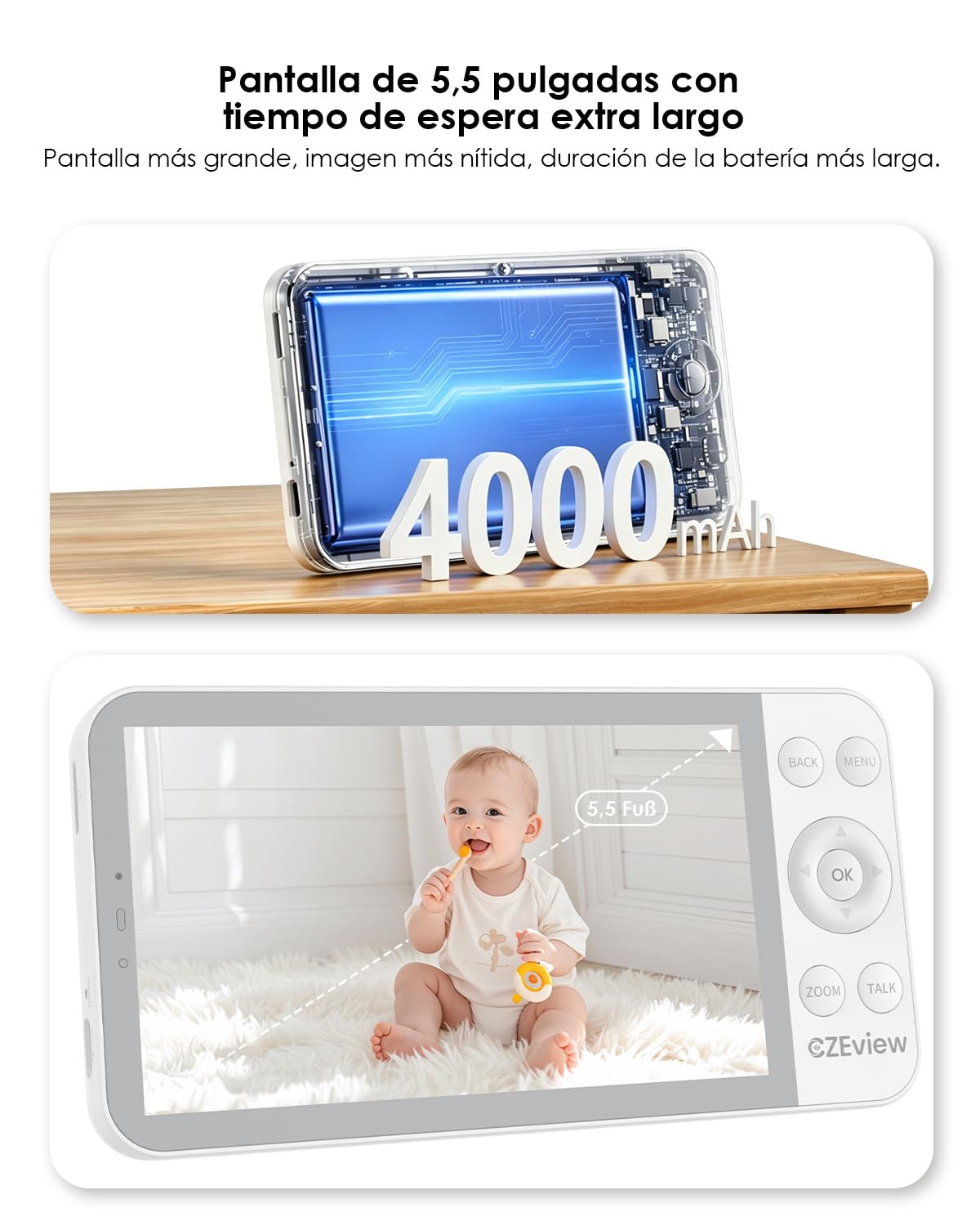 CZEview Babyphone con cámara y aplicación, Monitor de bebé con Video de 5,5 Pulgadas sin WiFi Entre la cámara y el Monitor, transmisión por móvil WiFi, visión Nocturna, Audio bidireccional, VOX