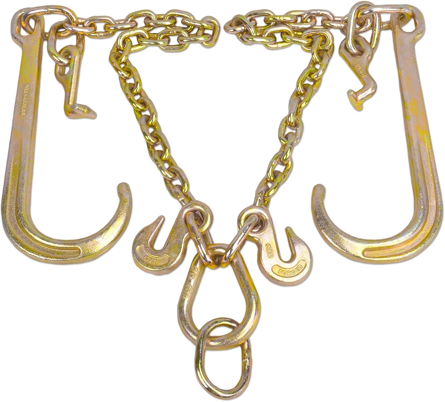 3/8" Grade 70 V-Type Transport Tow Chain w/15 J-Hooks 2Ft Long Shank Legs for Flatbed Truck Tie Trailer Tractor Car Wrecker Tow Chain,7800Lbs Working Load Limit,G70 Steel Towing Bridle,Yellow