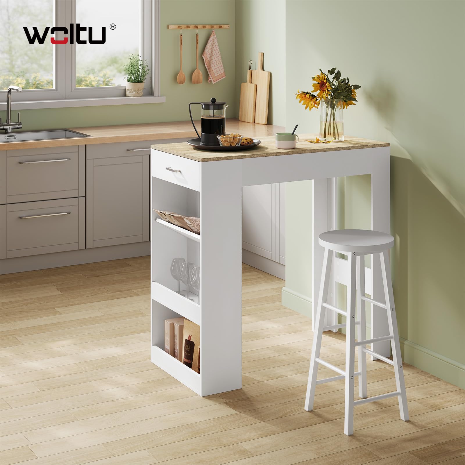 WOLTU Table de Bar, Table Haute Cuisine, 1 Tiroir et 3 Compartiments Ouverts pour Rangement Latéral, en Bois d'Ingénierie (avec Planches en Bois, Chêne Clair + Blanc, 100 x 50 x 100 cm)
