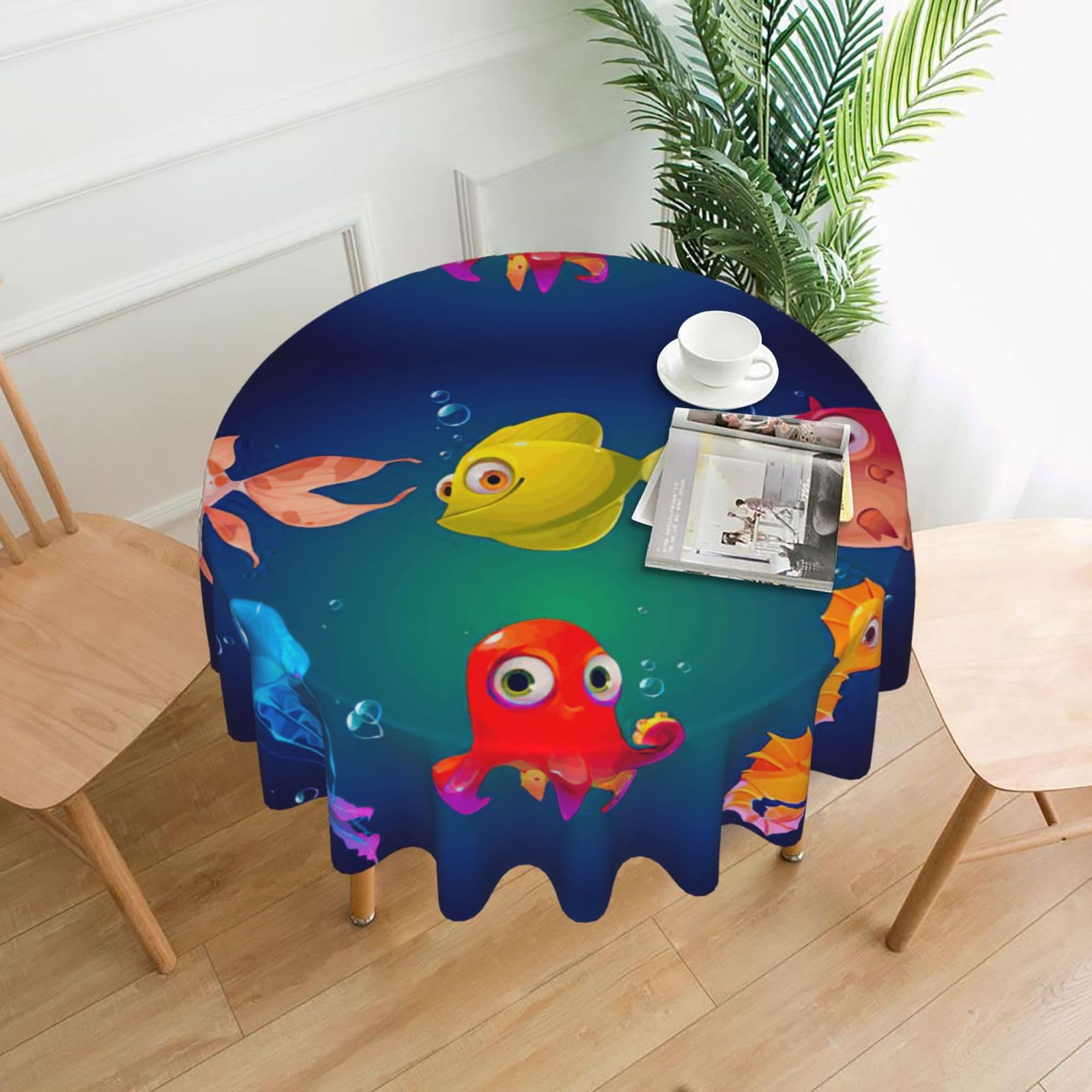 Uusnwaa Marine Sea Life Print Round Tablecloth 60 Inch, Stain Wrinkle Resistant Washable Polyester Table Cover For Kitchen Party