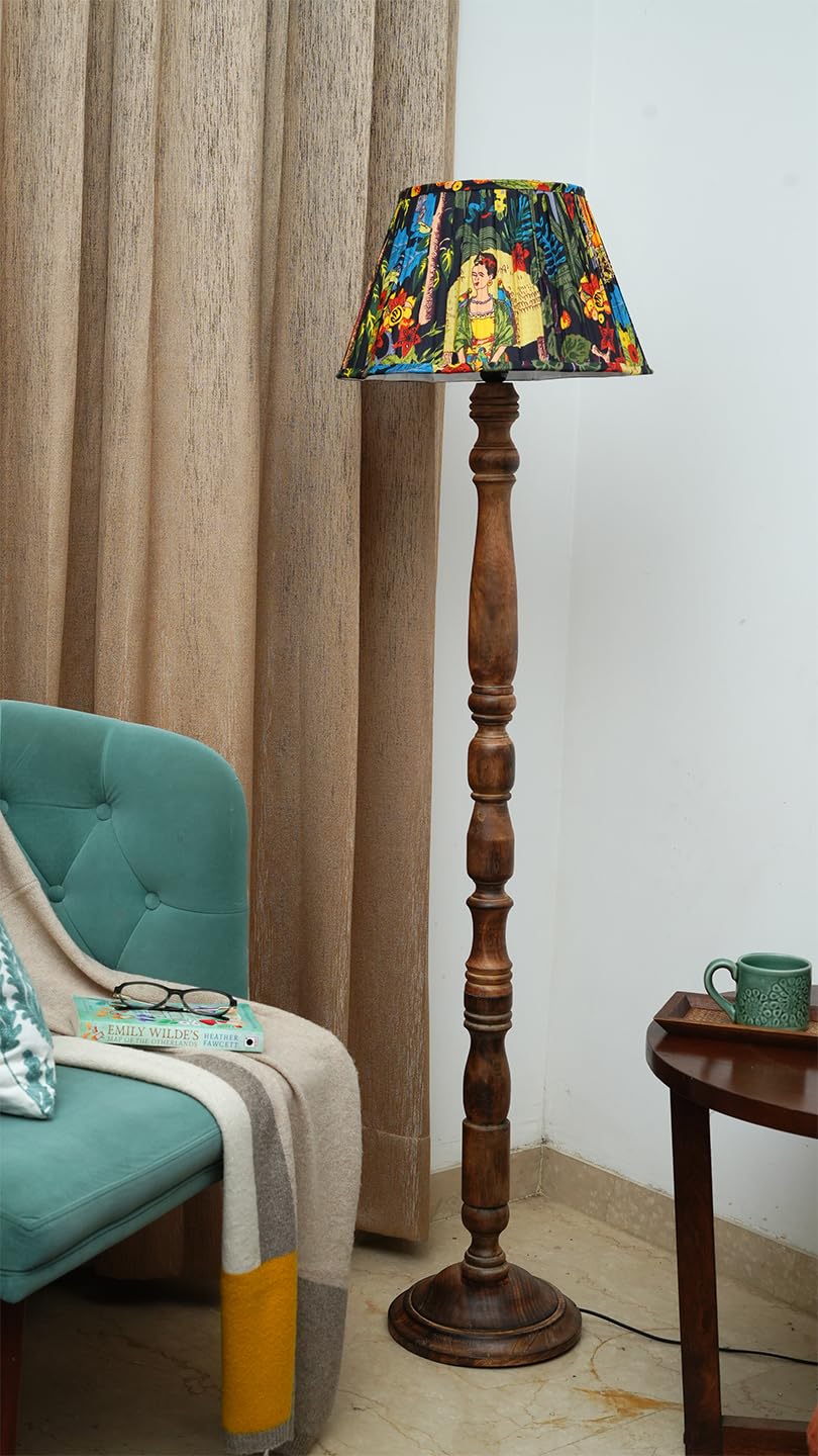 Green Girgit Walnut Brown Wooden Floor Lamp with Pleeted Multicolor Black Lampshade-image-23