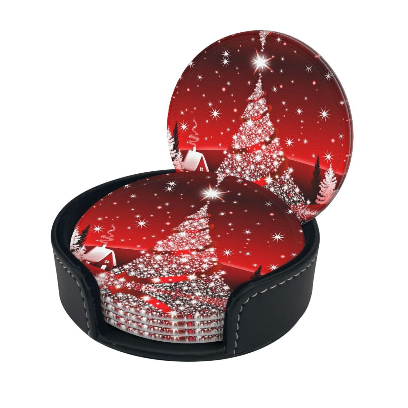Christmas Tree Red Print Round Leather Coasters - Set Of 6, Ultra-Fiber Pu Leather