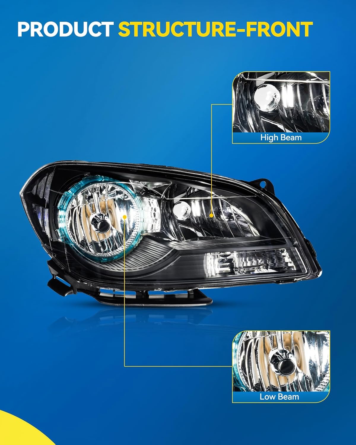 PHILTOP Headlight Assembly Compatible with 2008-2012 Chevy Malibu, Black Housing with Clear Lens and Reflector, OE-Style Automotive Replacement (Pair)