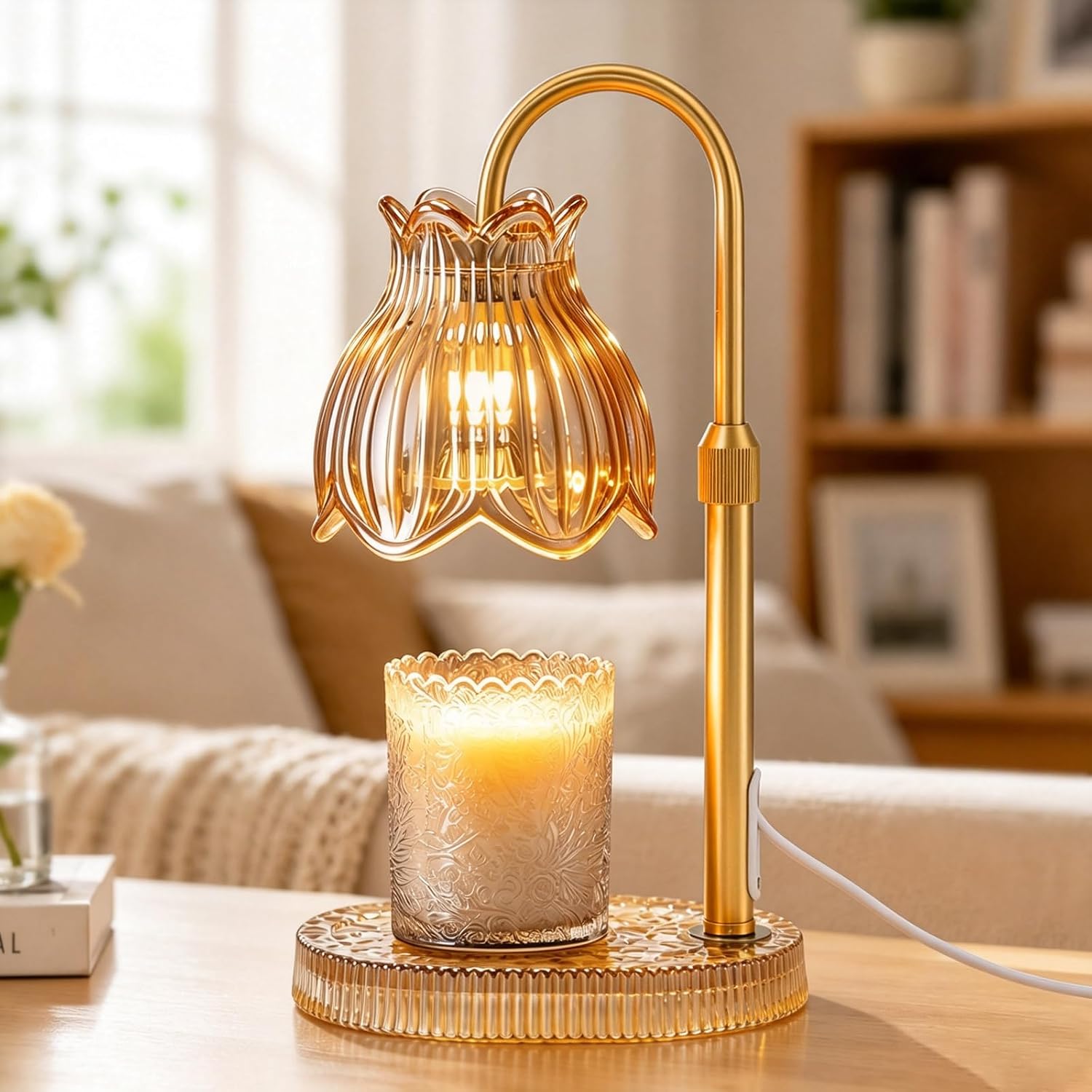 JACCAWS Candle Warmer Lamp with Timer Dimmer, Adjustable Height (Green) | Electric Wax Warmer Flower Lamp, Birthday Gifts for Women, House Warming Vintage Home Decor, Table Light for Living Bedroom