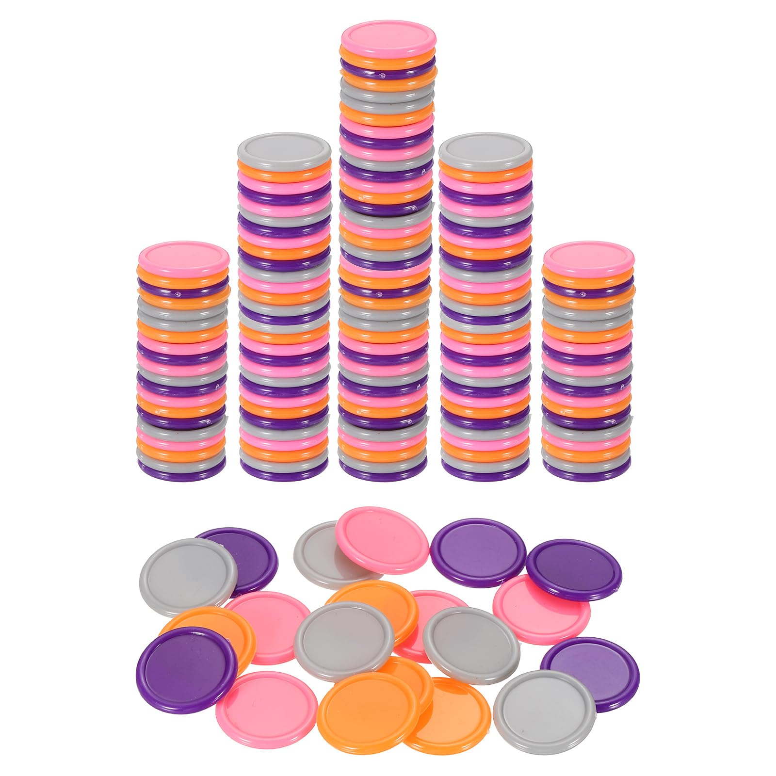 sourcing map 200Pcs 20mm Plastic Poker Chips, Mini Bingo Chips Learning Counters Counting Counters Disks Markers Opaque Game Tokens for Game Play Math Counting, Grey/Pink/Orange/Purple — image 1