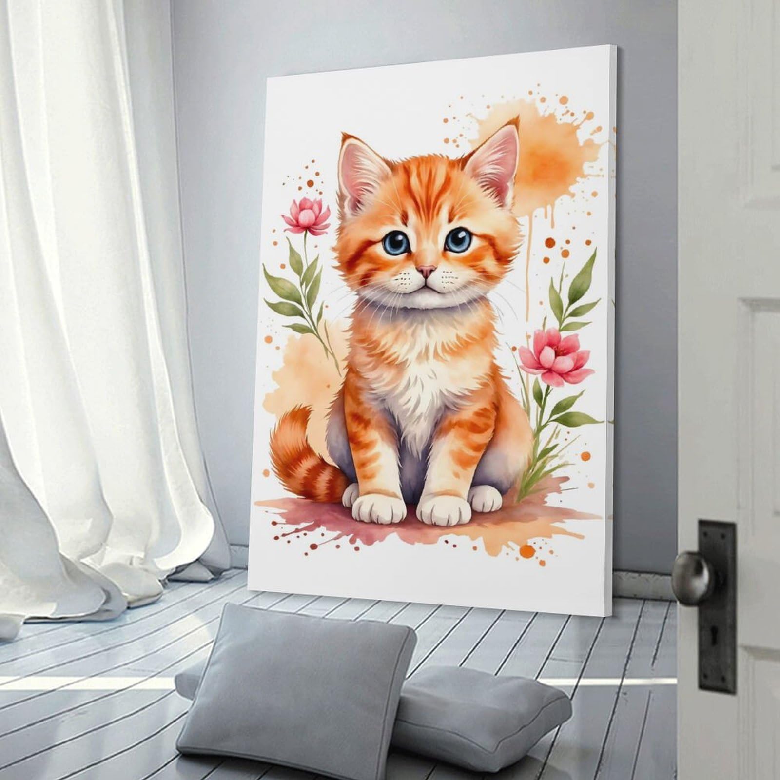 Junmoney Frame-Style-24 Cute Orange Kitten Watercolor Wall Art Print, 24X36inch(60X90cm), For Living Room, Bedroom, Office Or Hallway, A Flexible Wall Accent For Shared Spaces