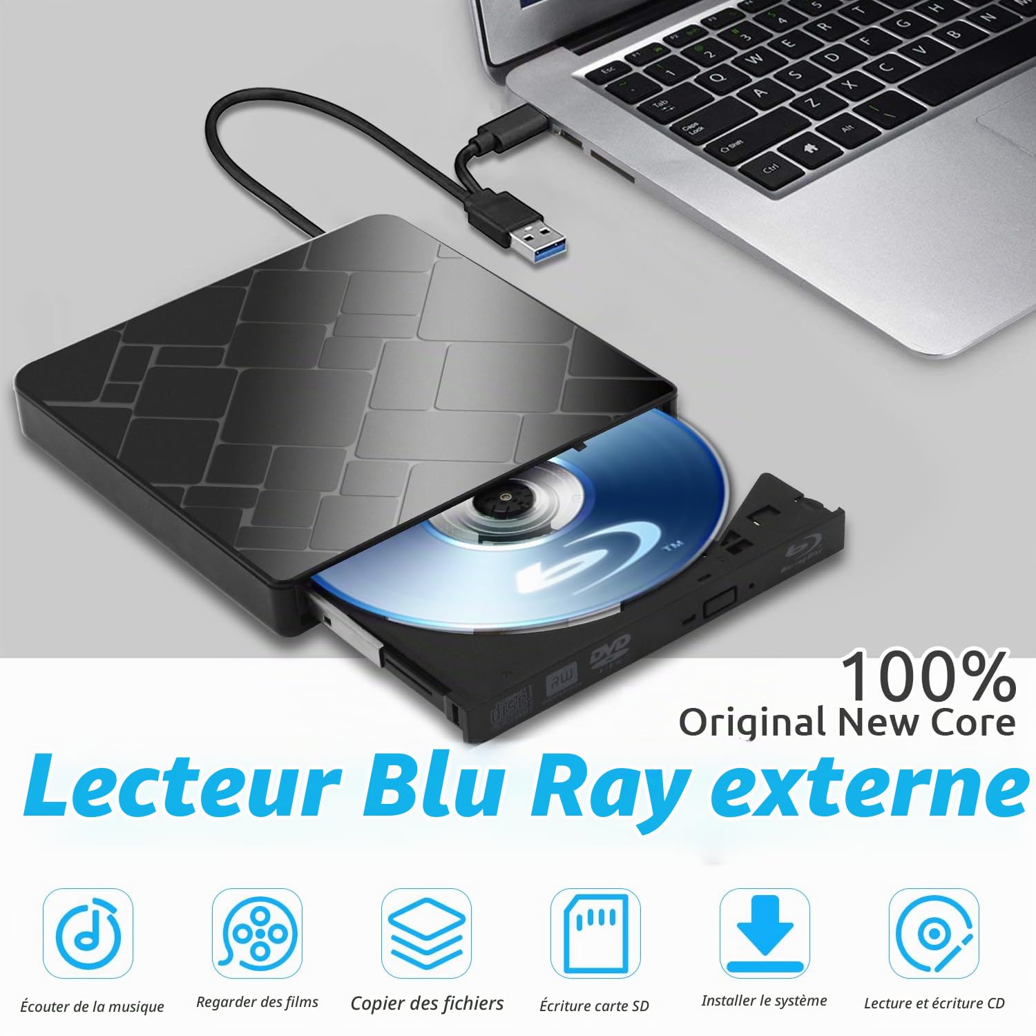 Lecteur Blu Ray Externe - Portable Lecteur Blu-Ray Externe USB 3.0 et Type-C Lecteur Blu Ray 3D Graveur BD Lecteur CD DVD Drive Player, Slim Optical Bluray Drive Reader pour Windows XP/7/8/10/11